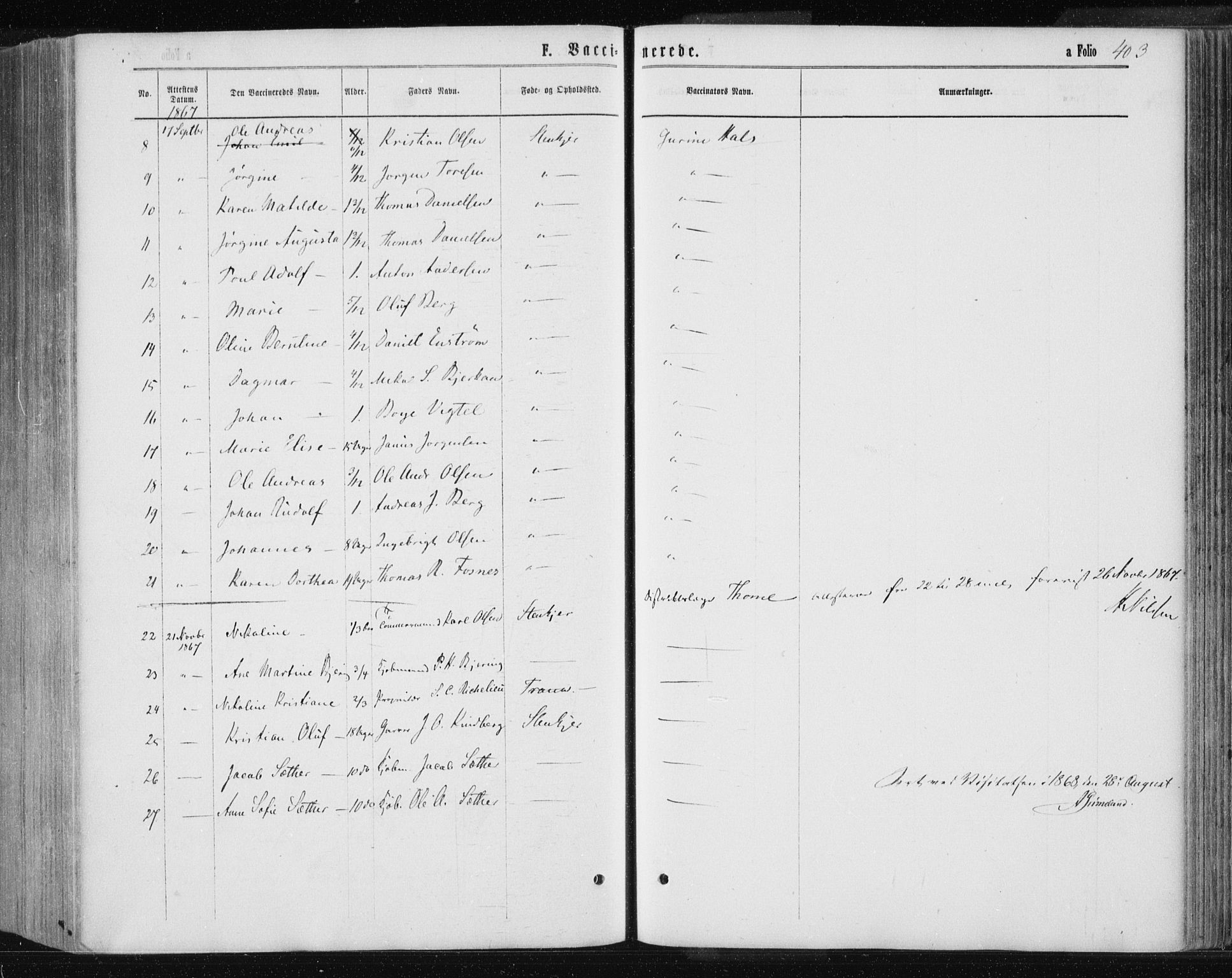 Ministerialprotokoller, klokkerbøker og fødselsregistre - Nord-Trøndelag, SAT/A-1458/735/L0345: Parish register (official) no. 735A08 /1, 1863-1872, p. 403