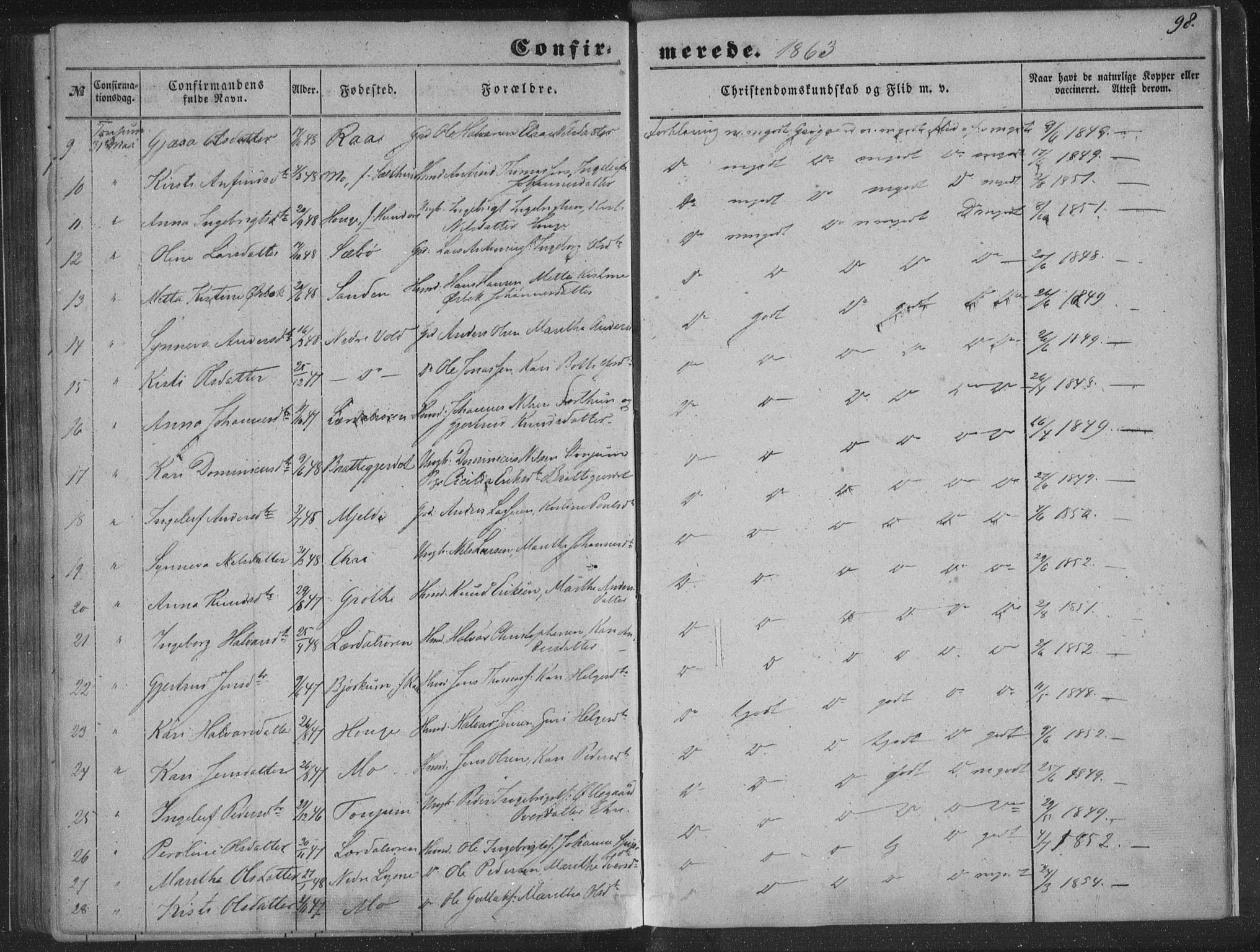 Lærdal sokneprestembete, SAB/A-81201: Parish register (official) no. A 13, 1847-1864, p. 98