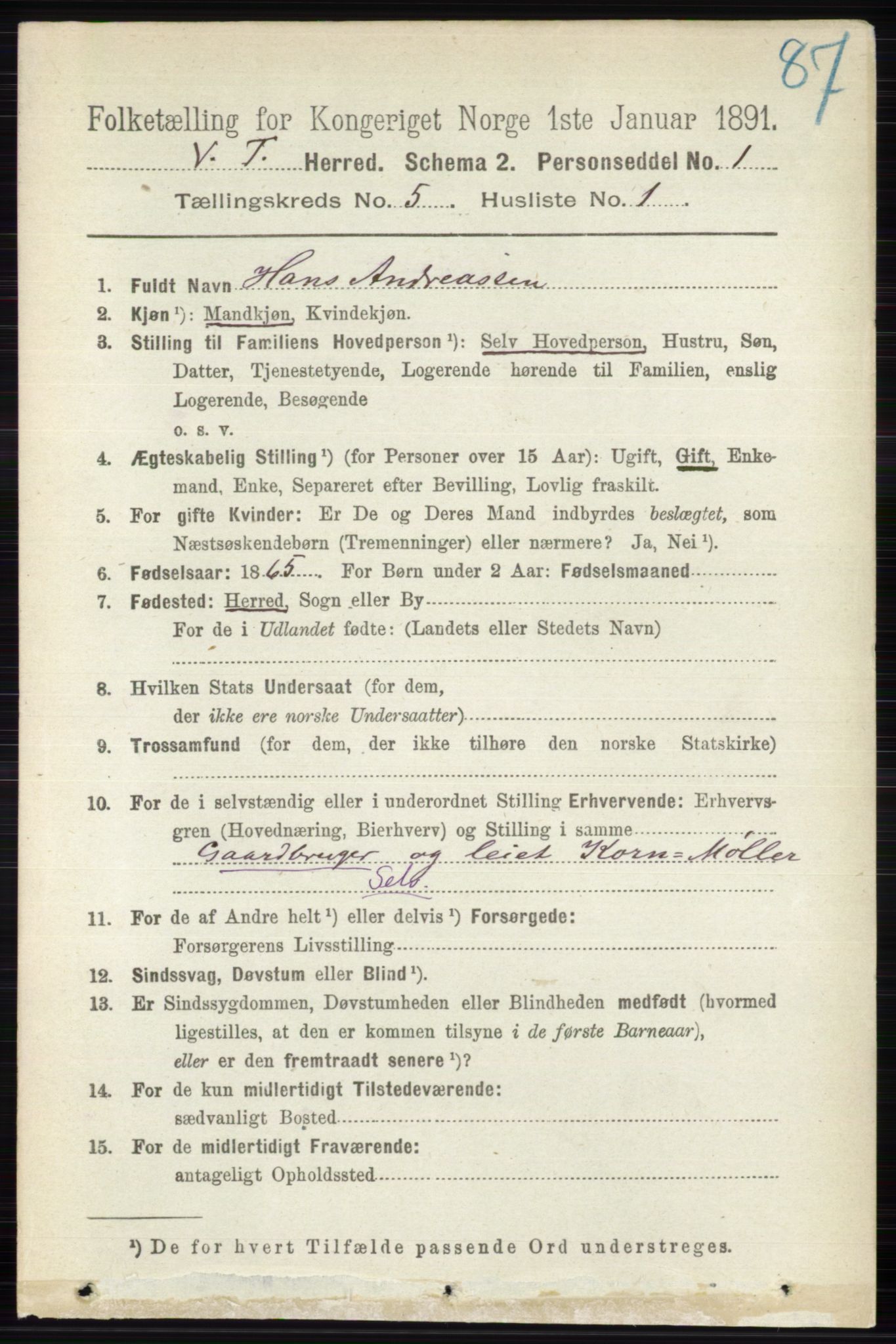 RA, 1891 census for 0529 Vestre Toten, 1891, p. 3232