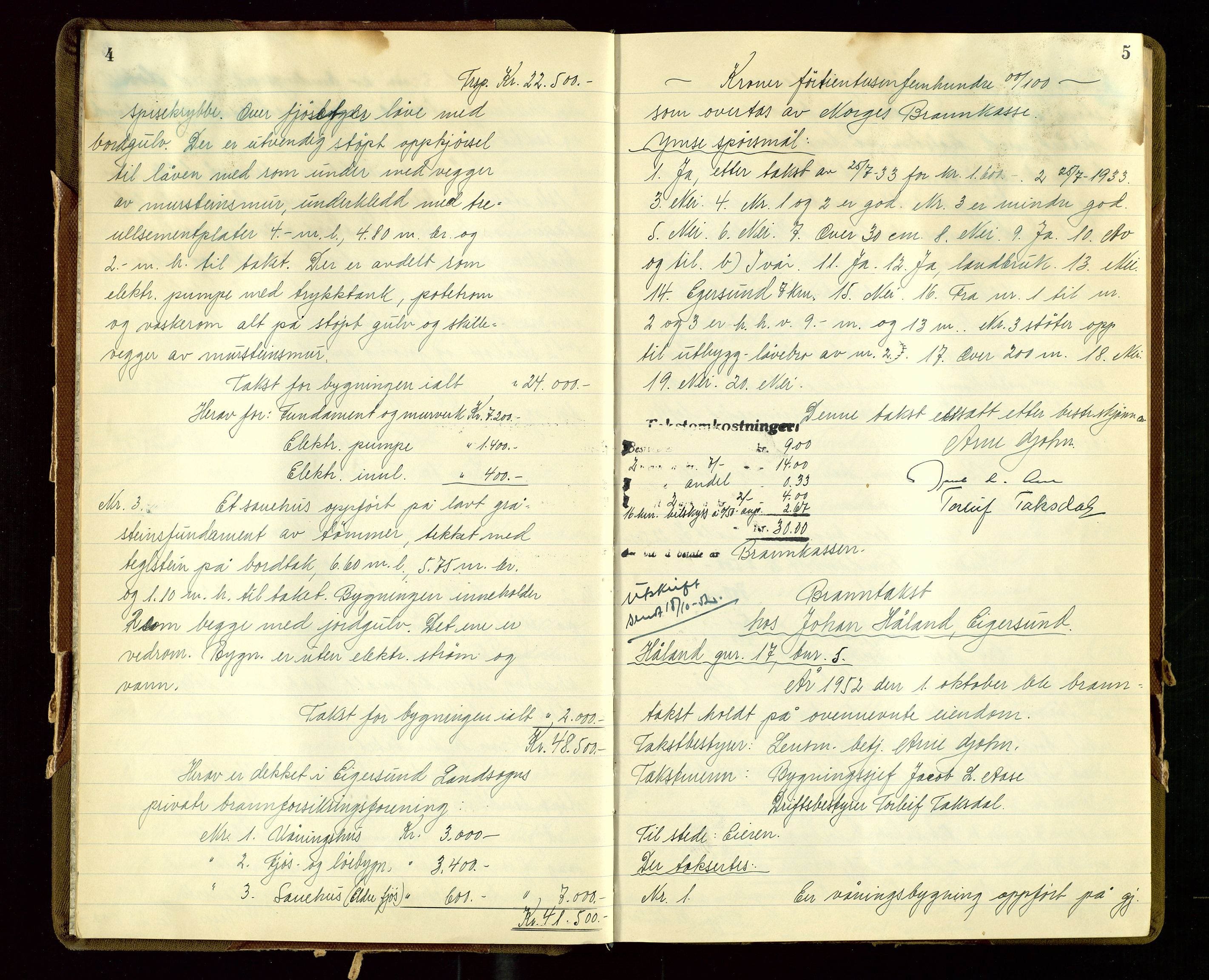 Eigersund lensmannskontor, AV/SAST-A-100171/Goa/L0011: "Branntakstprotokoll", 1952-1953, p. 4-5