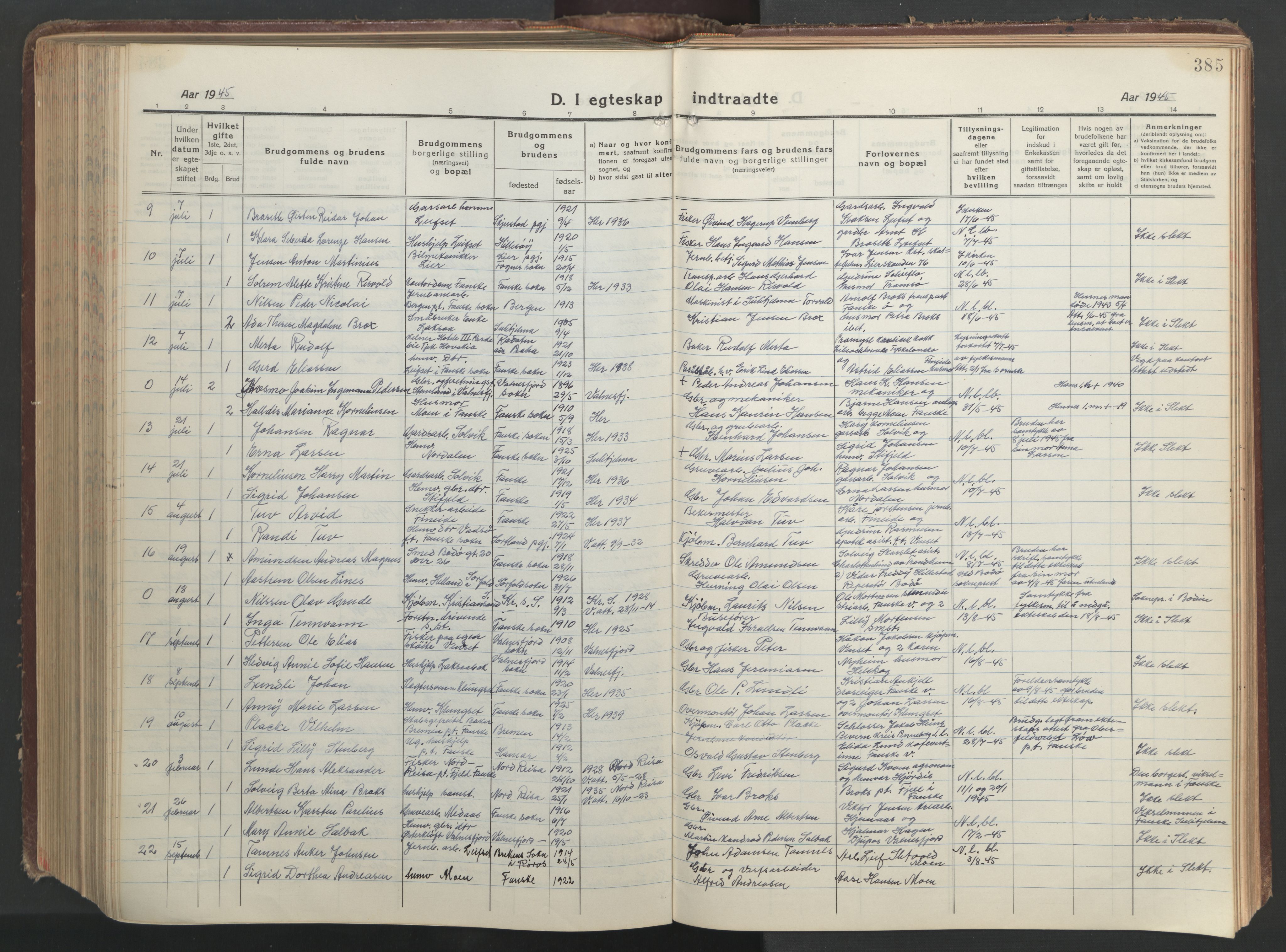 Ministerialprotokoller, klokkerbøker og fødselsregistre - Nordland, AV/SAT-A-1459/849/L0700: Parish register (copy) no. 849C01, 1919-1946, p. 385