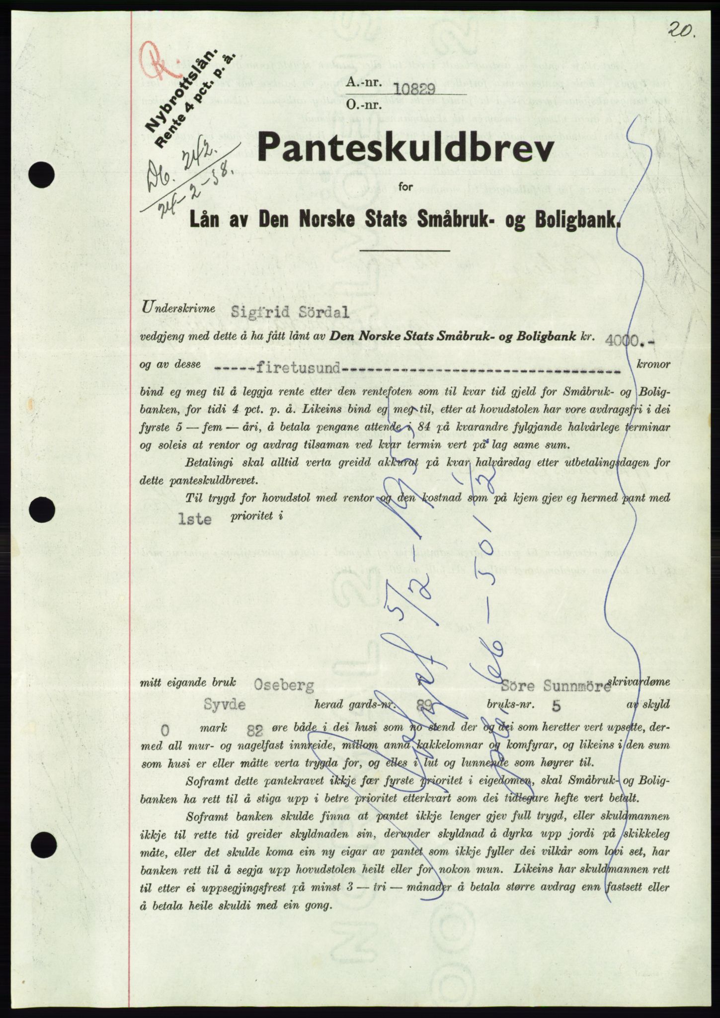 Søre Sunnmøre sorenskriveri, AV/SAT-A-4122/1/2/2C/L0065: Mortgage book no. 59, 1938-1938, Diary no: : 242/1938