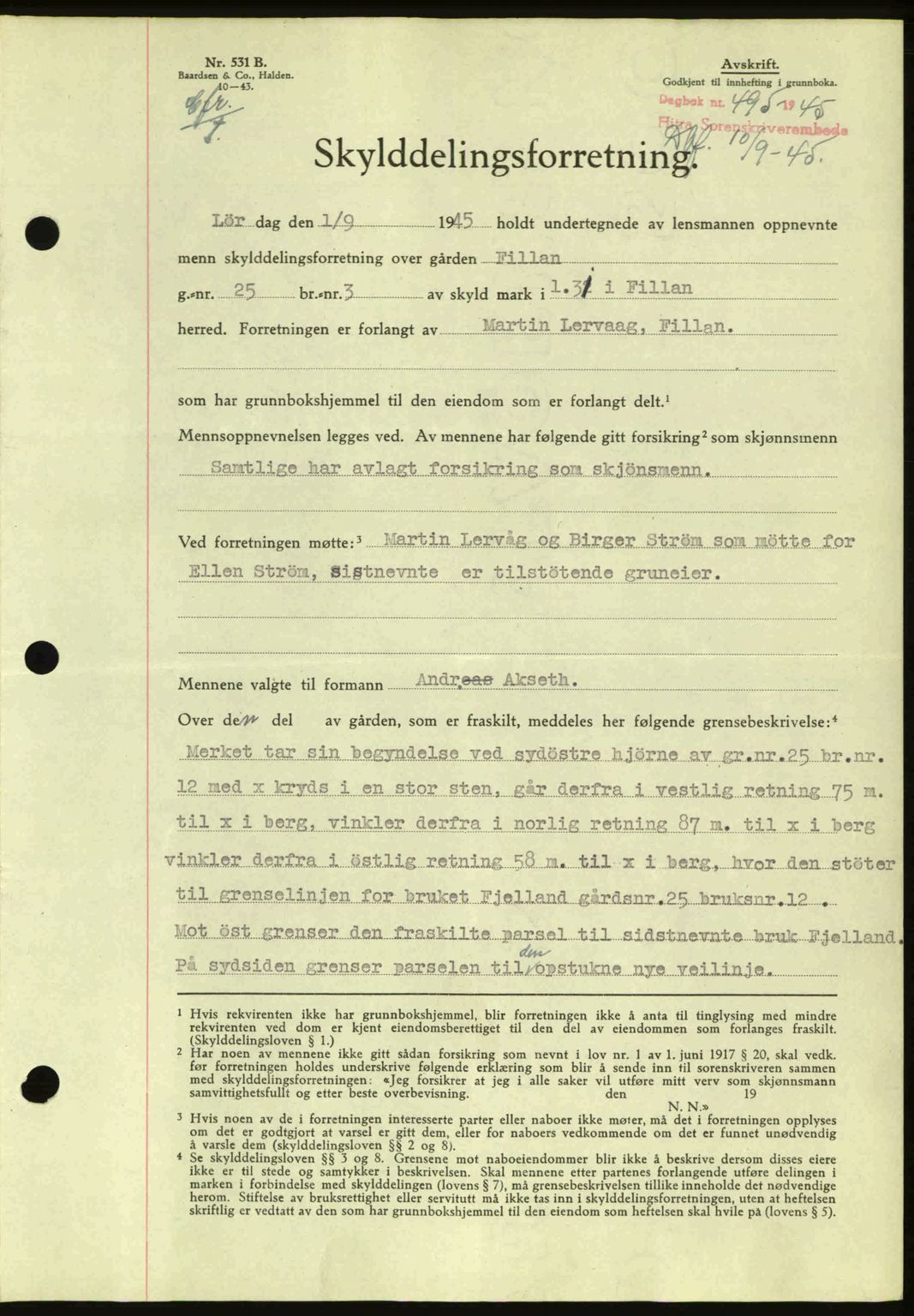 Hitra sorenskriveri, AV/SAT-A-0018/2/2C/2Ca: Mortgage book no. A2, 1943-1945, Diary no: : 495/1945