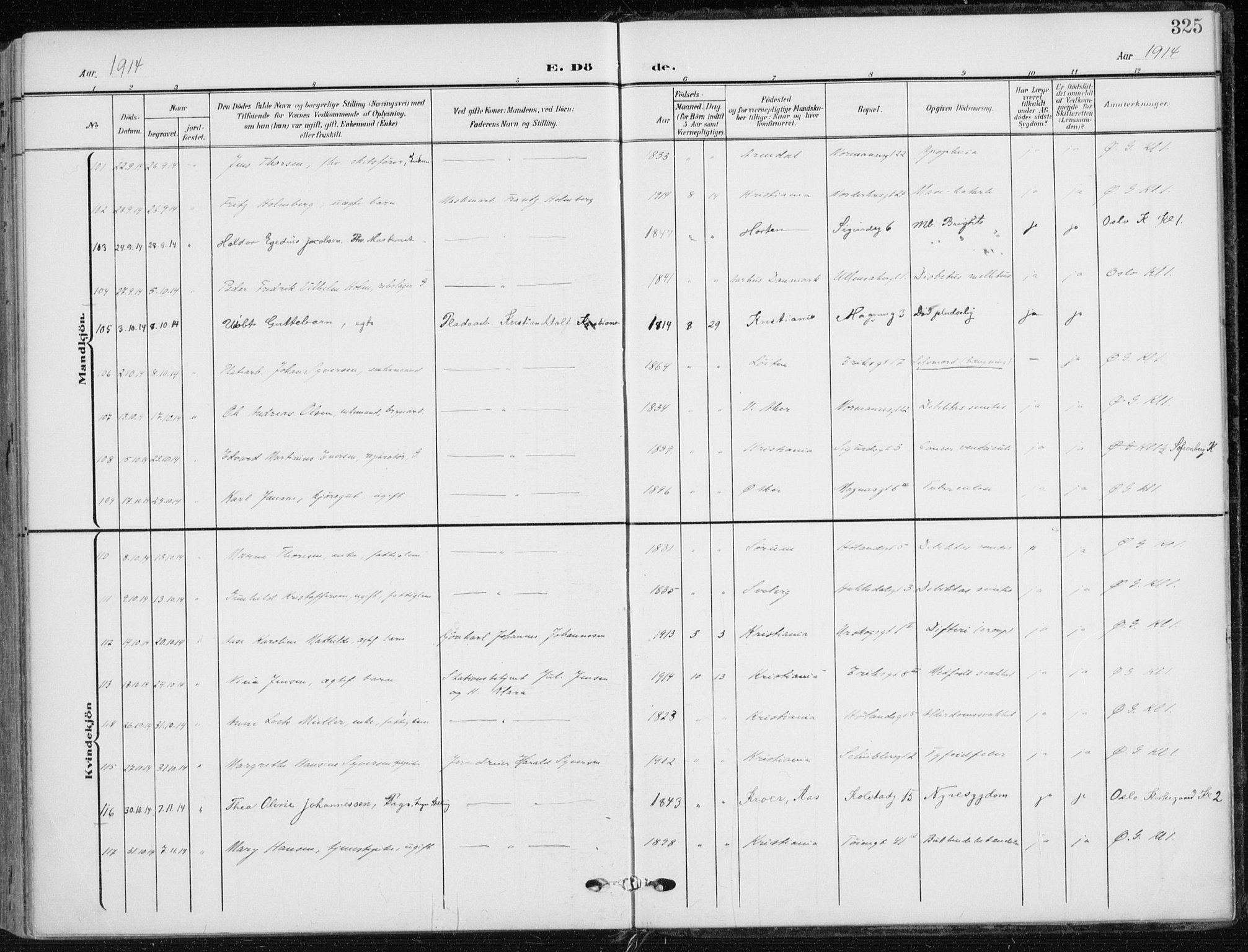 Kampen prestekontor Kirkebøker, AV/SAO-A-10853/F/Fa/L0011: Parish register (official) no. I 11, 1907-1917, p. 325