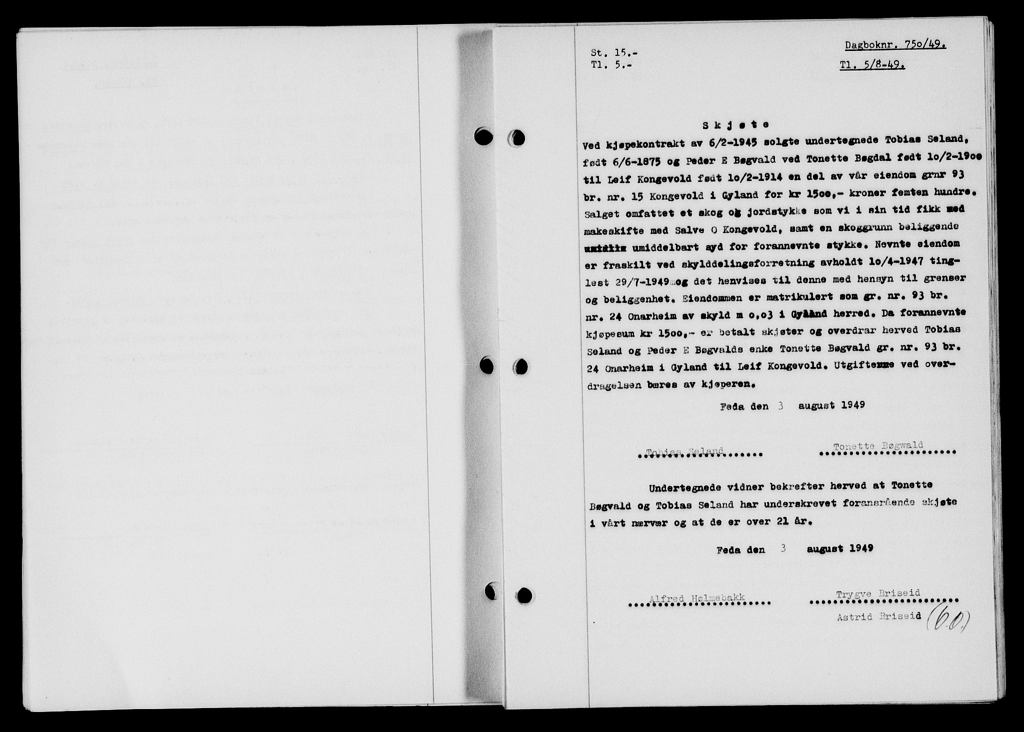 Flekkefjord sorenskriveri, SAK/1221-0001/G/Gb/Gba/L0065: Mortgage book no. A-13, 1949-1949, Diary no: : 750/1949