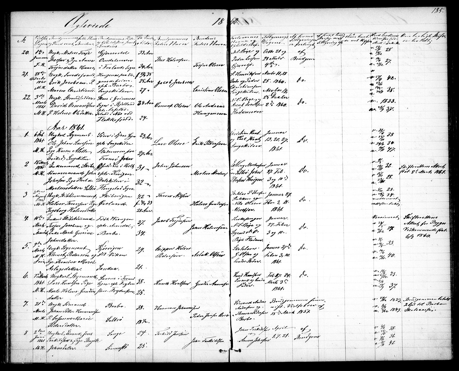 Tromøy sokneprestkontor, AV/SAK-1111-0041/F/Fb/L0003: Parish register (copy) no. B 3, 1859-1868, p. 185