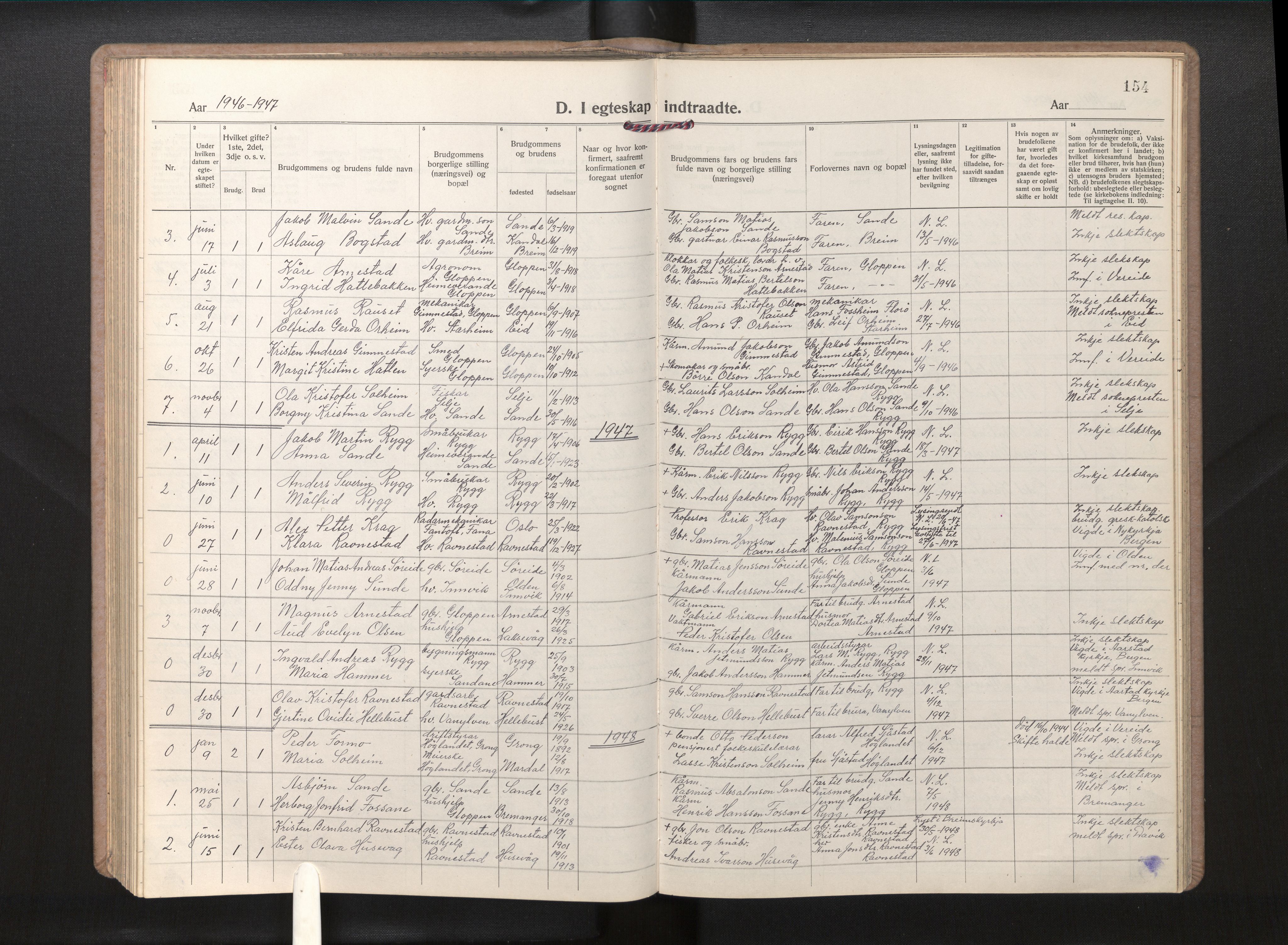 Gloppen sokneprestembete, SAB/A-80101/H/Hab/Habd/L0002: Parish register (copy) no. D 2, 1921-1967, p. 153b-154a