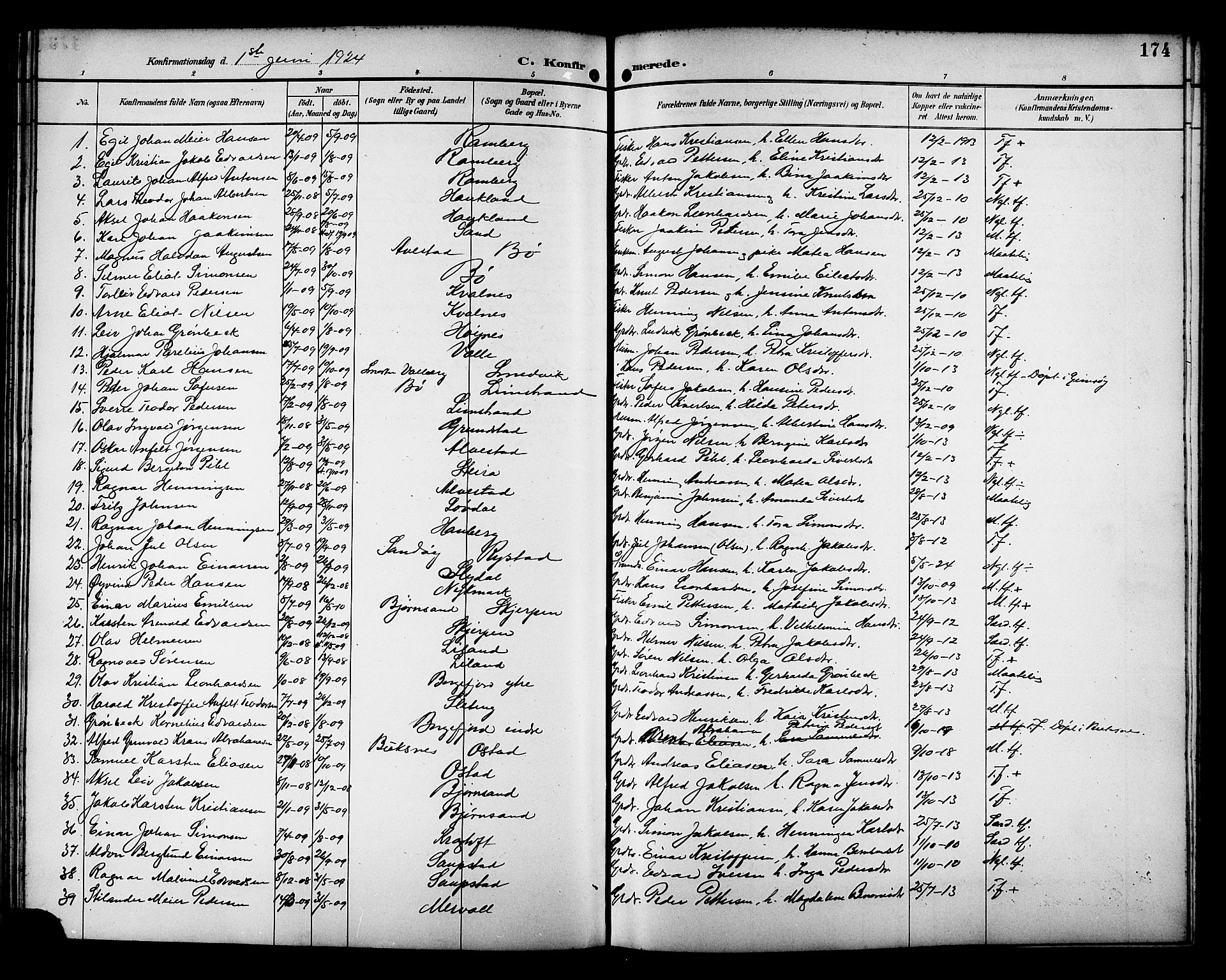Ministerialprotokoller, klokkerbøker og fødselsregistre - Nordland, AV/SAT-A-1459/880/L1141: Parish register (copy) no. 880C03, 1893-1928, p. 174