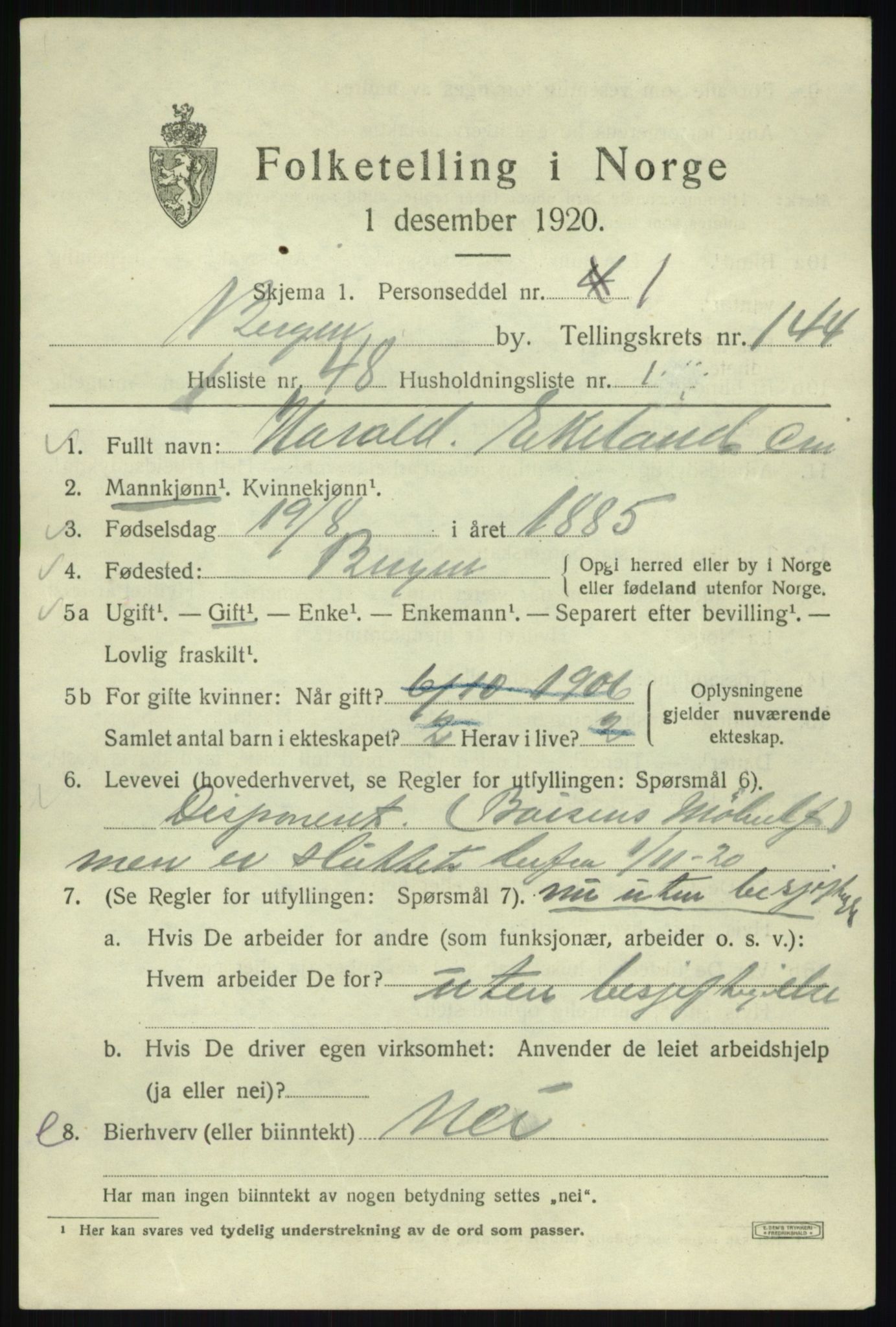 SAB, 1920 census for Bergen, 1920, p. 241592