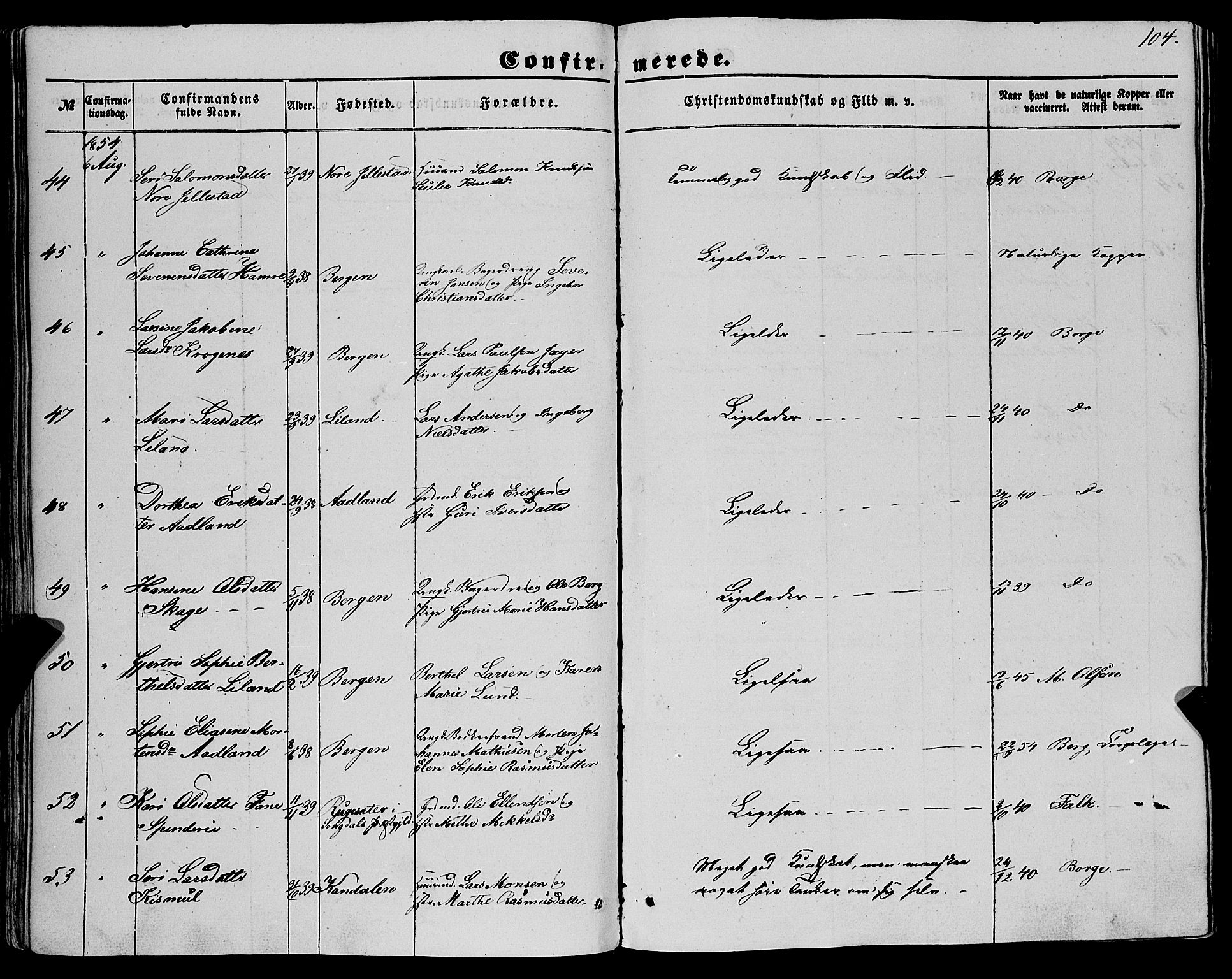 Fana Sokneprestembete, AV/SAB-A-75101/H/Haa/Haaa/L0011: Parish register (official) no. A 11, 1851-1862, p. 104