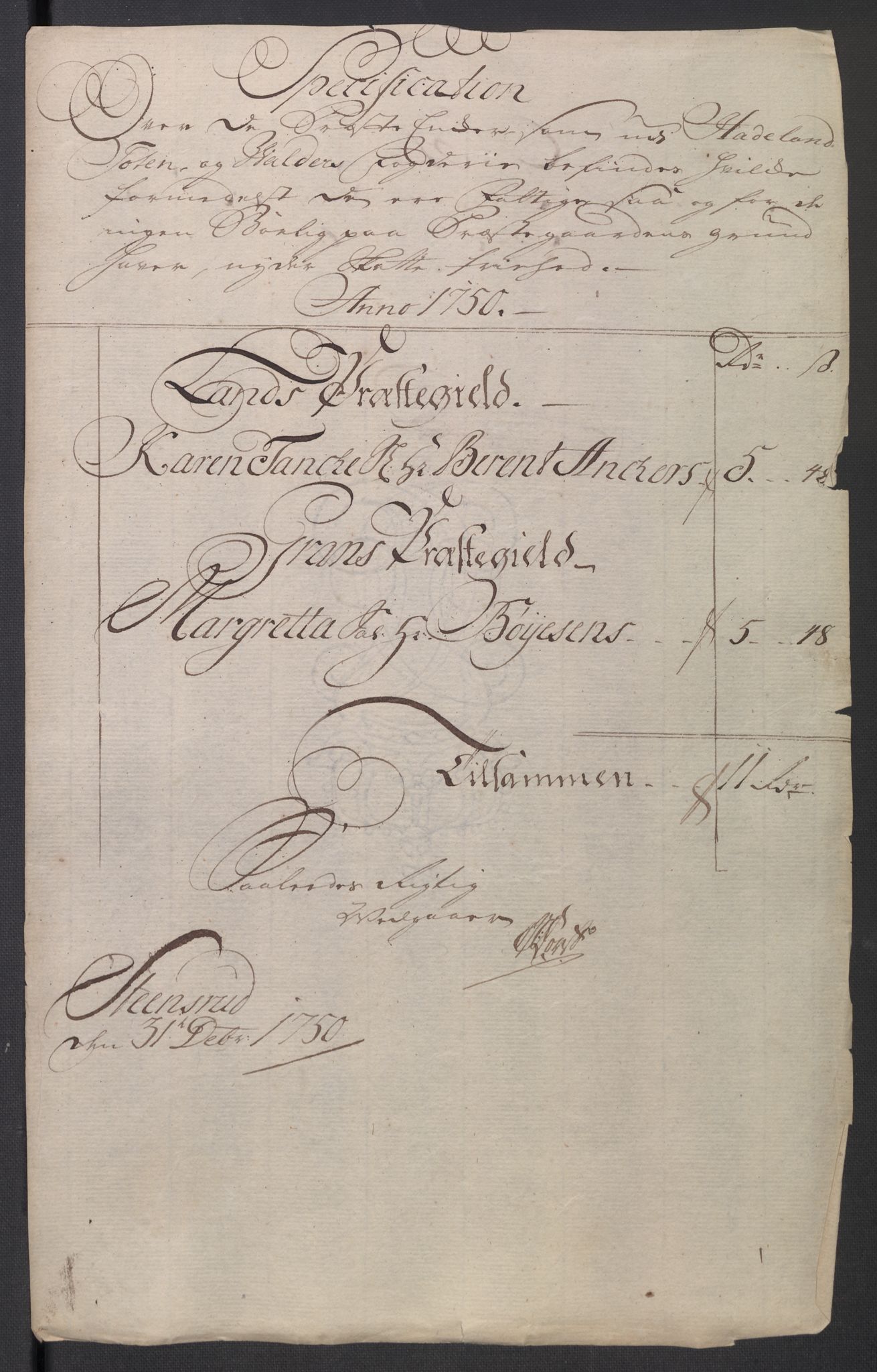 Rentekammeret inntil 1814, Reviderte regnskaper, Fogderegnskap, AV/RA-EA-4092/R18/L1348: Fogderegnskap Hadeland, Toten og Valdres, 1750-1751, p. 162