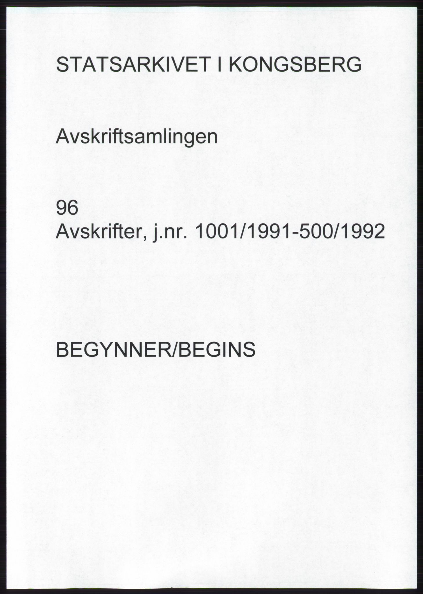 Statsarkivet i Kongsberg, SAKO/A-0001, 1991-1992, p. 1