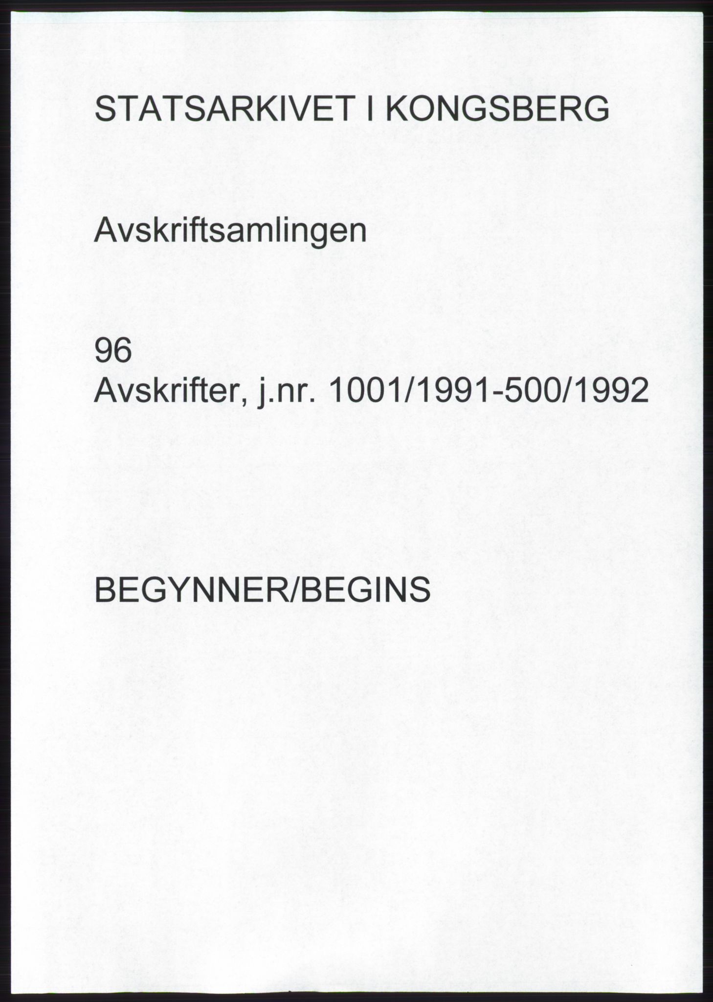 Statsarkivet i Kongsberg, AV/SAKO-A-0001, 1991-1992, p. 1