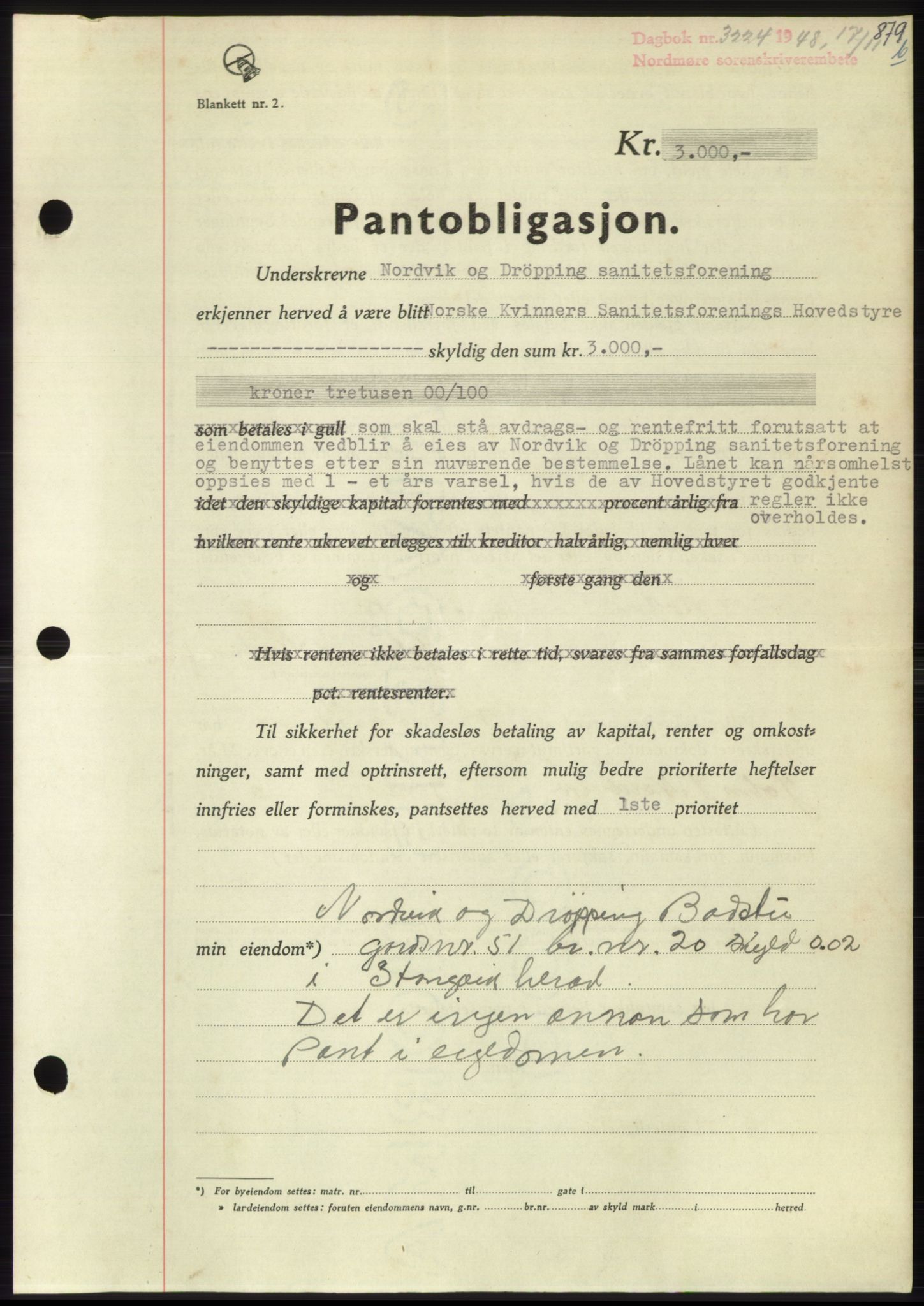 Nordmøre sorenskriveri, AV/SAT-A-4132/1/2/2Ca: Mortgage book no. B100, 1948-1949, Diary no: : 3224/1948