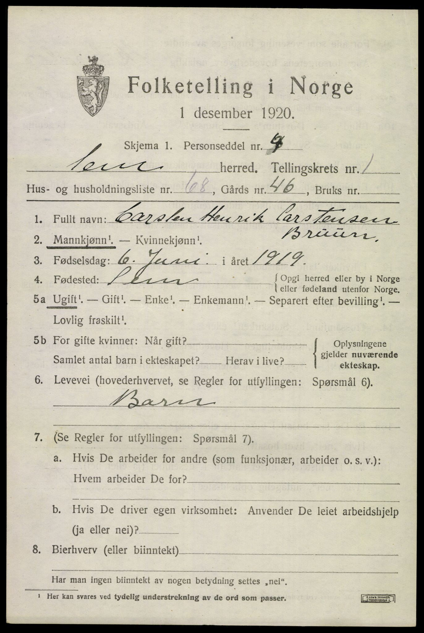 SAKO, 1920 census for Sem, 1920, p. 3485