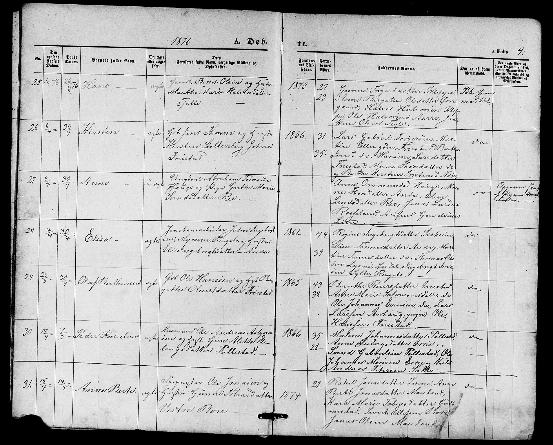 Klepp sokneprestkontor, AV/SAST-A-101803/001/3/30BB/L0003: Parish register (copy) no. B 3, 1876-1888, p. 4