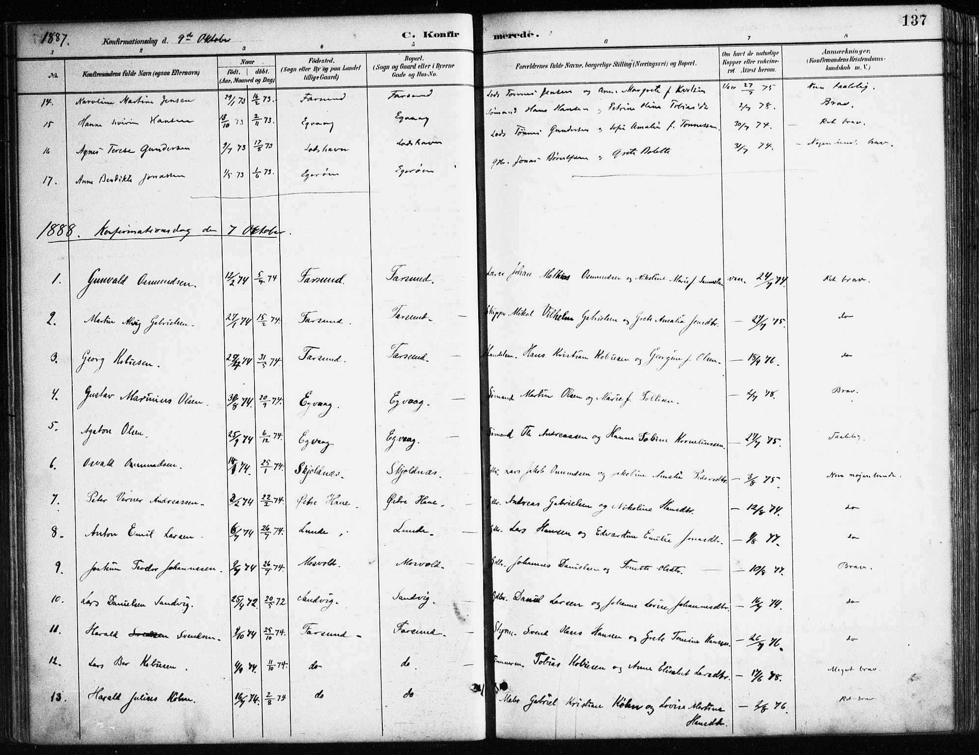 Farsund sokneprestkontor, AV/SAK-1111-0009/F/Fa/L0006: Parish register (official) no. A 6, 1887-1920, p. 137