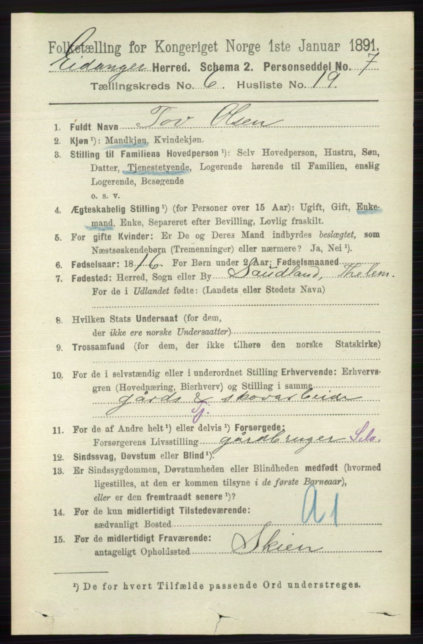 RA, 1891 census for 0813 Eidanger, 1891, p. 2707