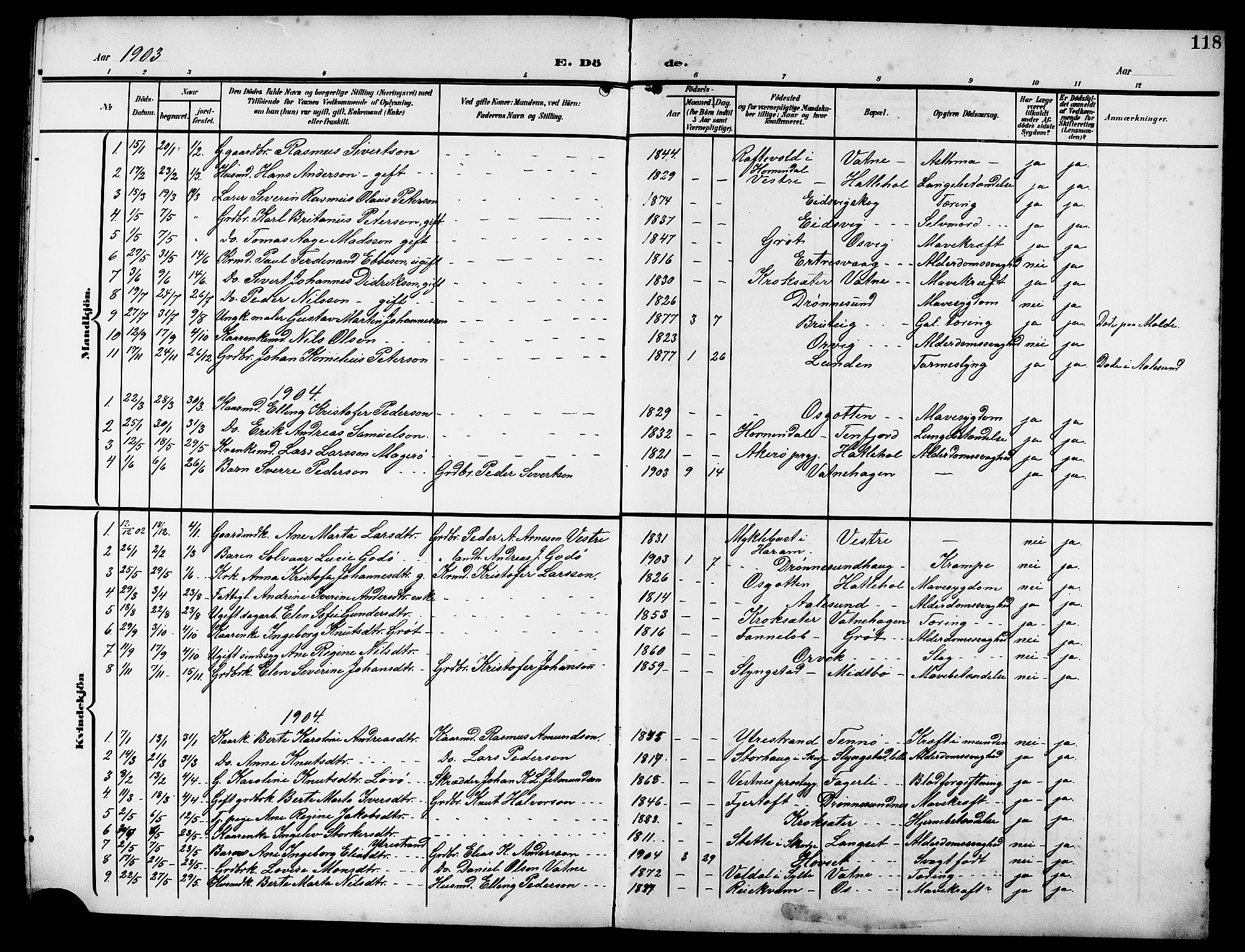 Ministerialprotokoller, klokkerbøker og fødselsregistre - Møre og Romsdal, AV/SAT-A-1454/525/L0377: Parish register (copy) no. 525C03, 1903-1917, p. 118