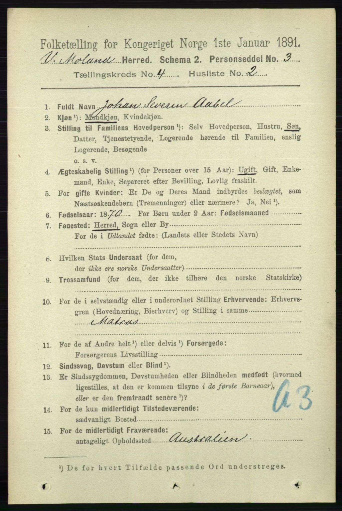 RA, 1891 census for 0926 Vestre Moland, 1891, p. 1235