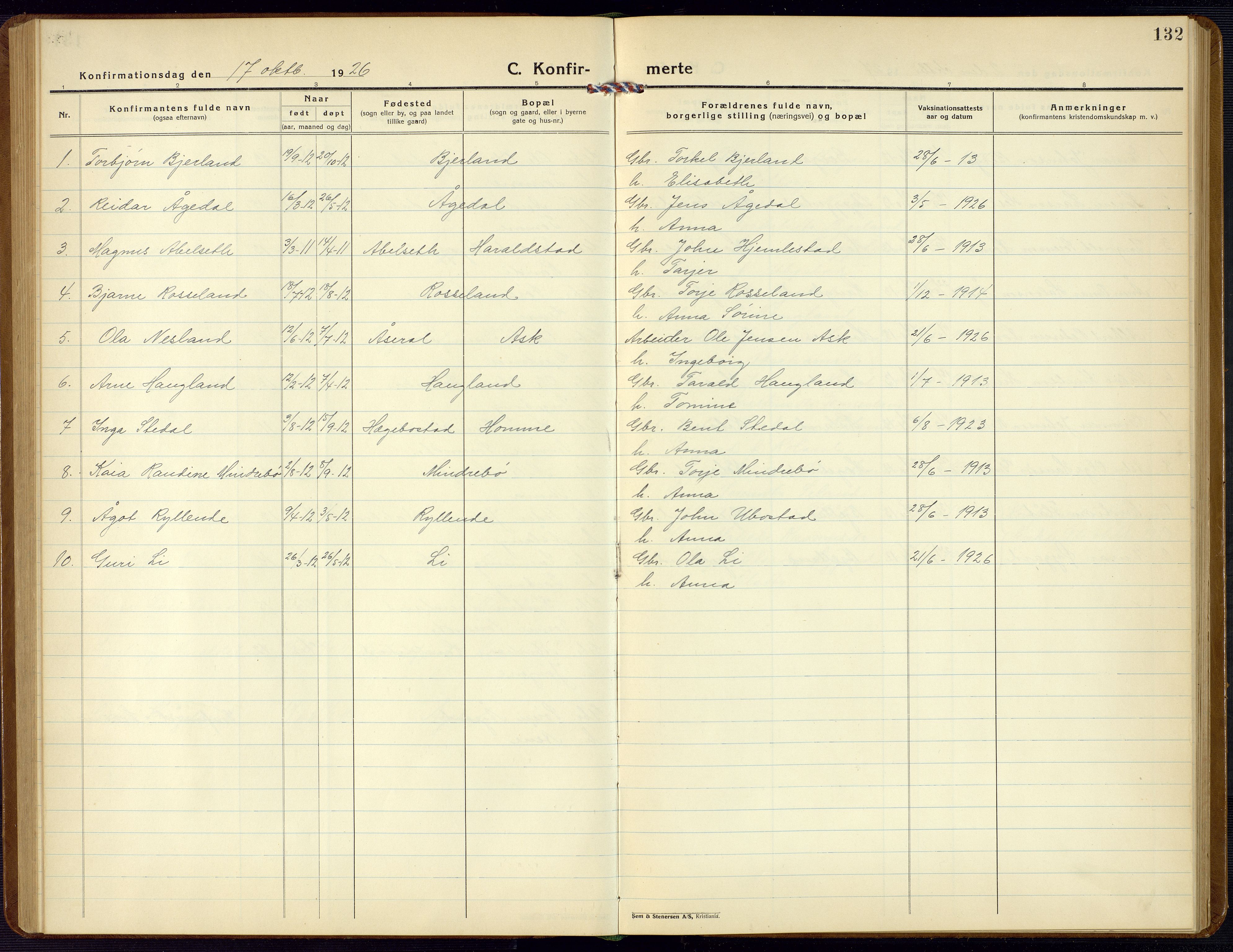 Bjelland sokneprestkontor, SAK/1111-0005/F/Fb/Fba/L0006: Parish register (copy) no. B 6, 1923-1956, p. 132