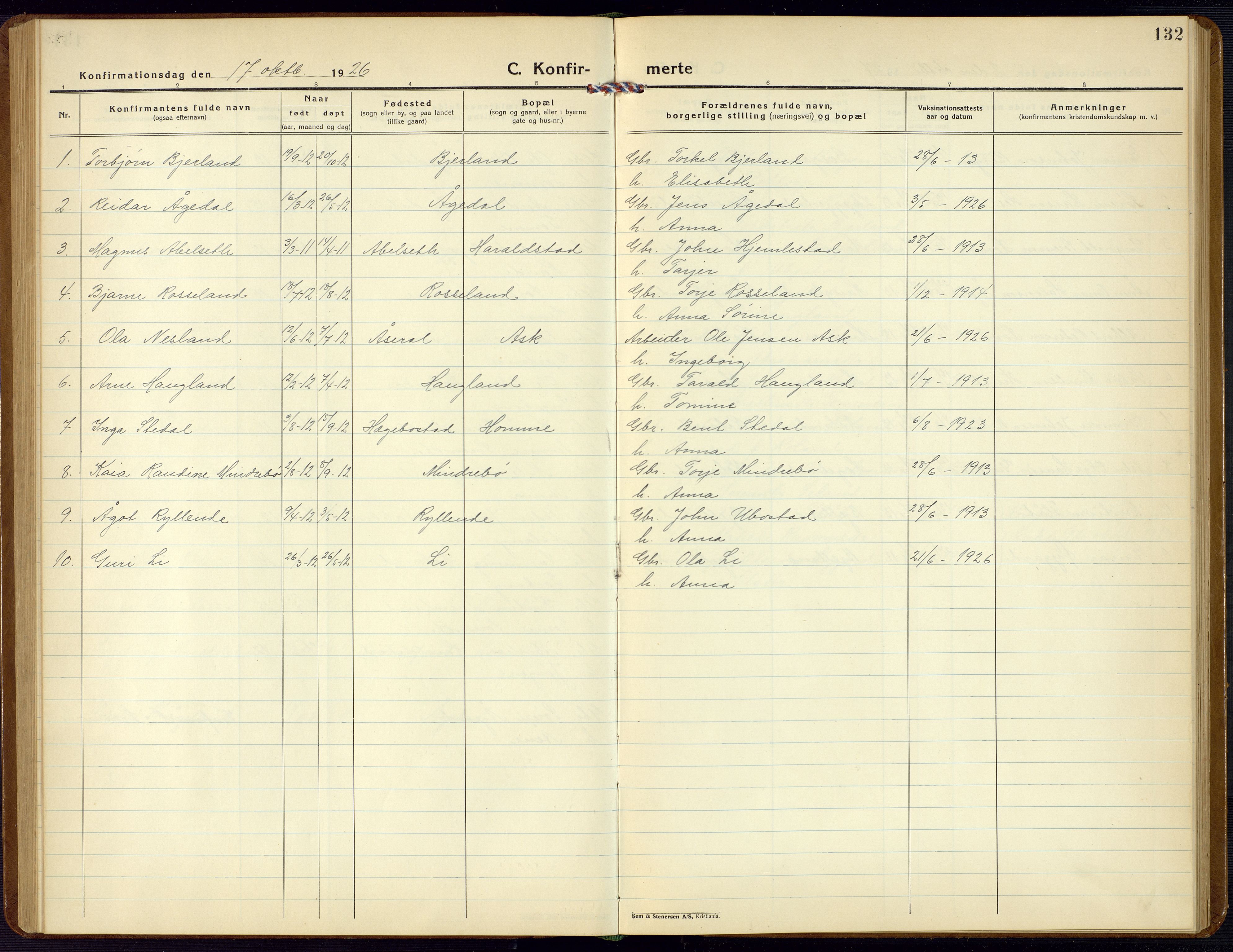Bjelland sokneprestkontor, AV/SAK-1111-0005/F/Fb/Fba/L0006: Parish register (copy) no. B 6, 1923-1956, p. 132