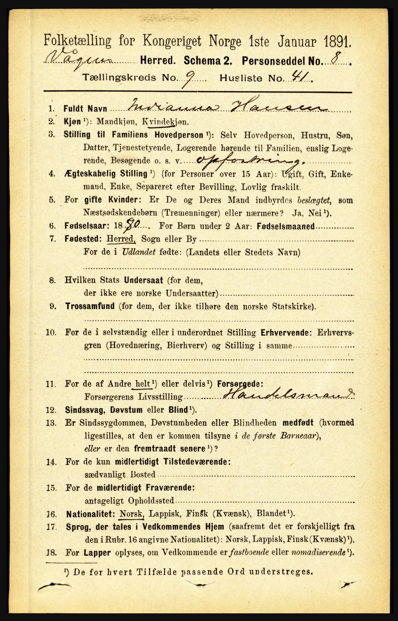 RA, 1891 census for 1865 Vågan, 1891, p. 2514