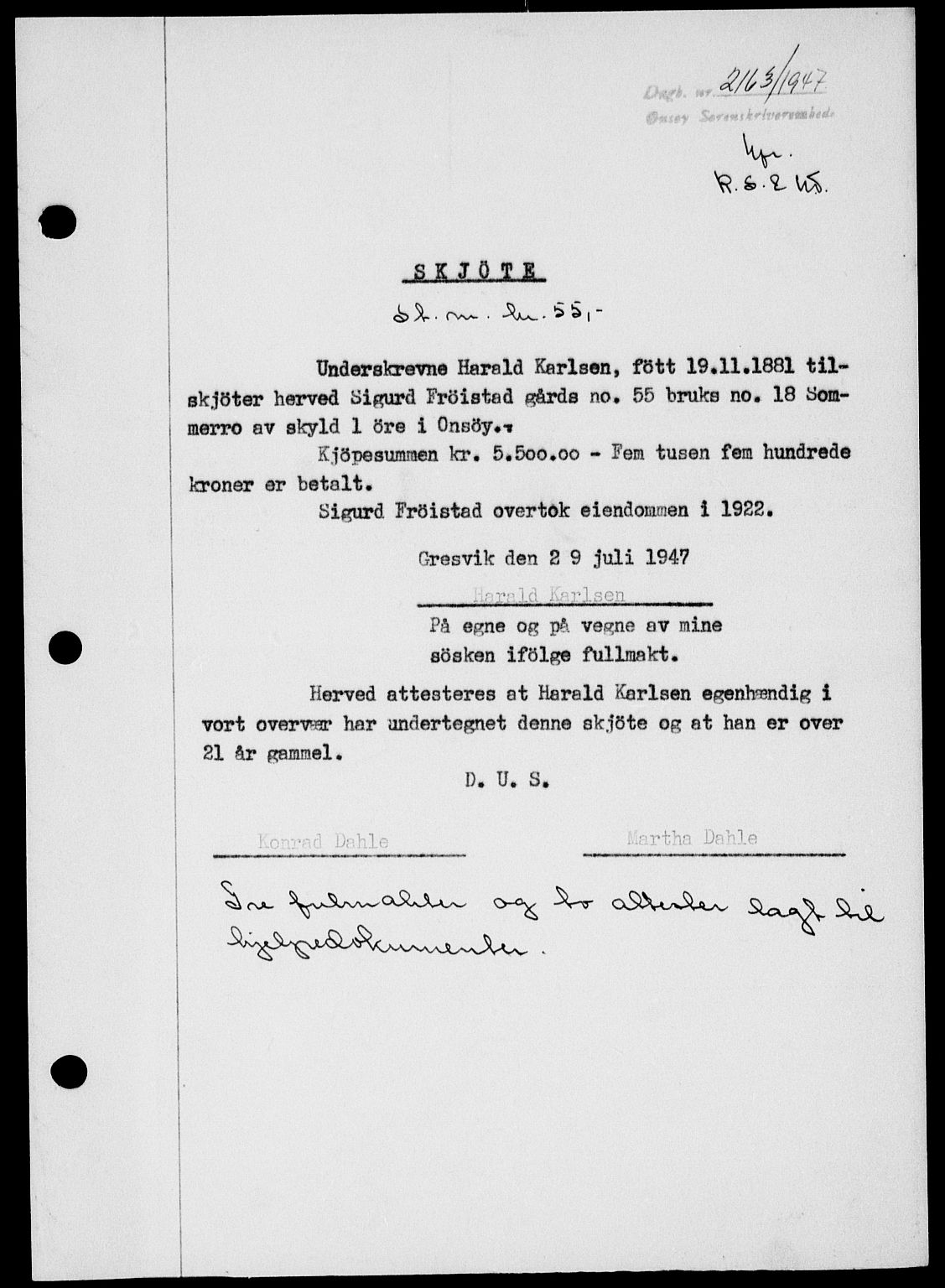 Onsøy sorenskriveri, SAO/A-10474/G/Ga/Gab/L0021: Mortgage book no. II A-21, 1947-1947, Diary no: : 2163/1947