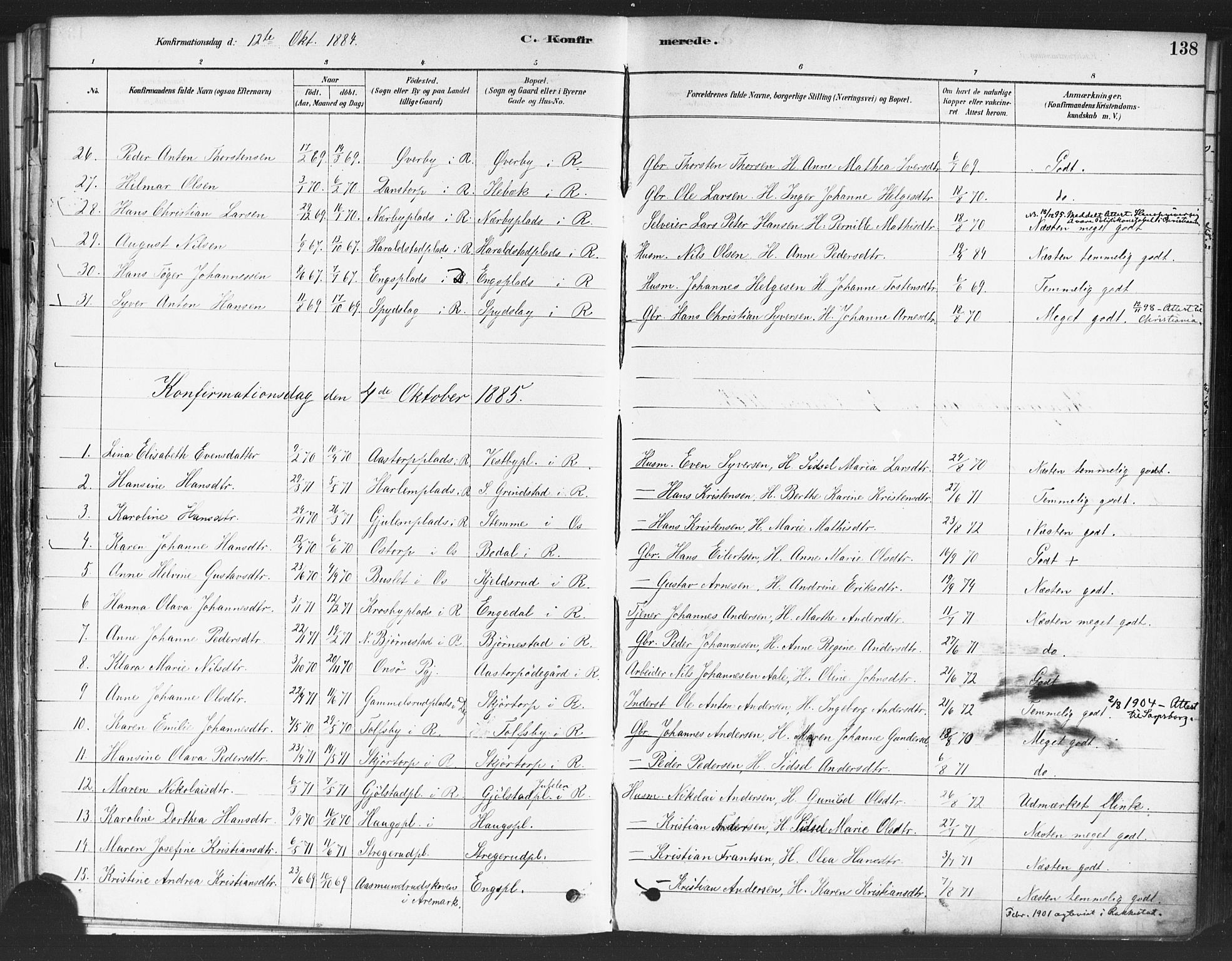 Rakkestad prestekontor Kirkebøker, AV/SAO-A-2008/F/Fa/L0012: Parish register (official) no. I 12, 1878-1893, p. 138