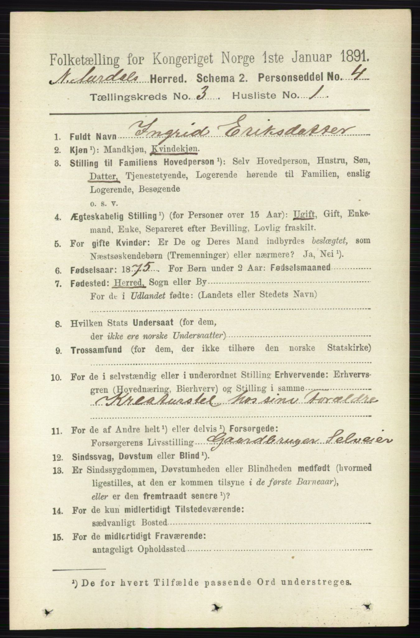 RA, 1891 census for 0542 Nord-Aurdal, 1891, p. 960