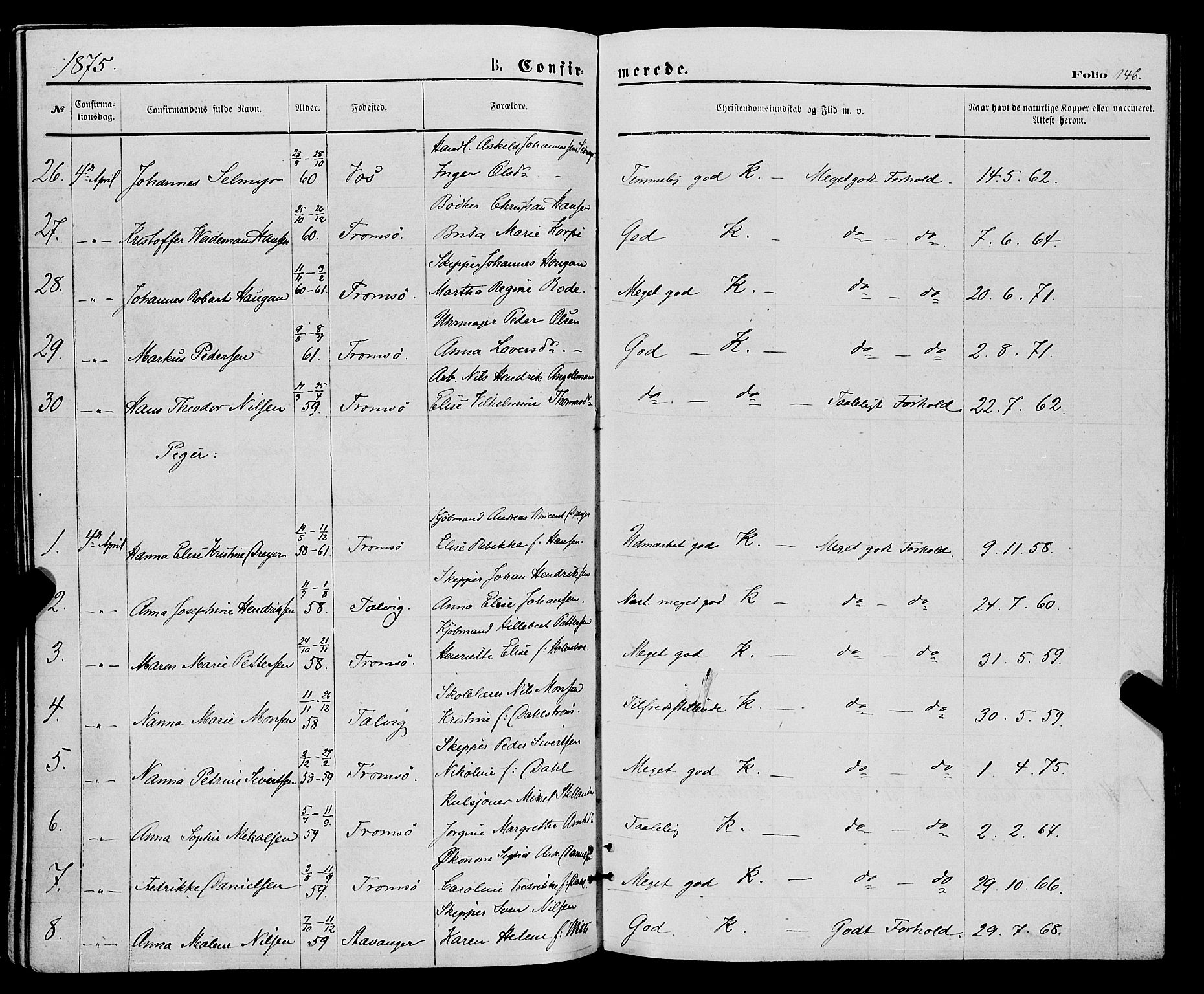 Tromsø sokneprestkontor/stiftsprosti/domprosti, AV/SATØ-S-1343/G/Ga/L0013kirke: Parish register (official) no. 13, 1872-1877, p. 146