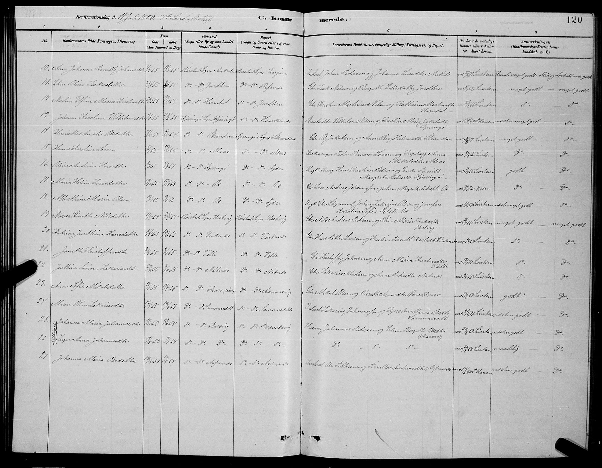 Ministerialprotokoller, klokkerbøker og fødselsregistre - Nordland, AV/SAT-A-1459/853/L0776: Parish register (copy) no. 853C04, 1878-1889, p. 120