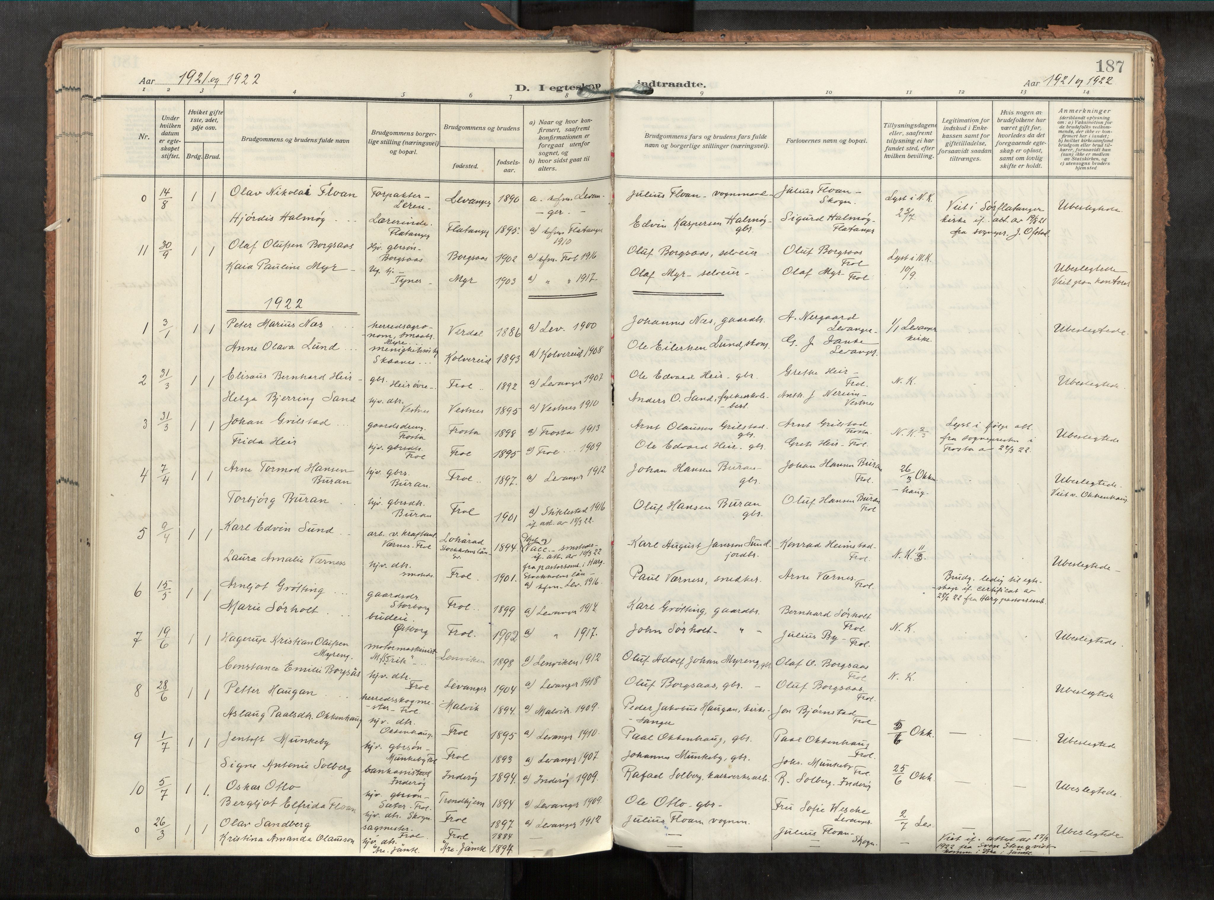 Levanger sokneprestkontor, SAT/A-1301/2/H/Haa/L0002: Parish register (official) no. 2, 1912-1935, p. 187