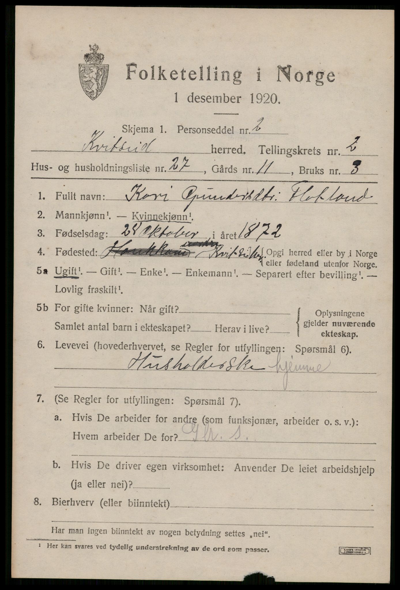 SAKO, 1920 census for Kviteseid, 1920, p. 2333