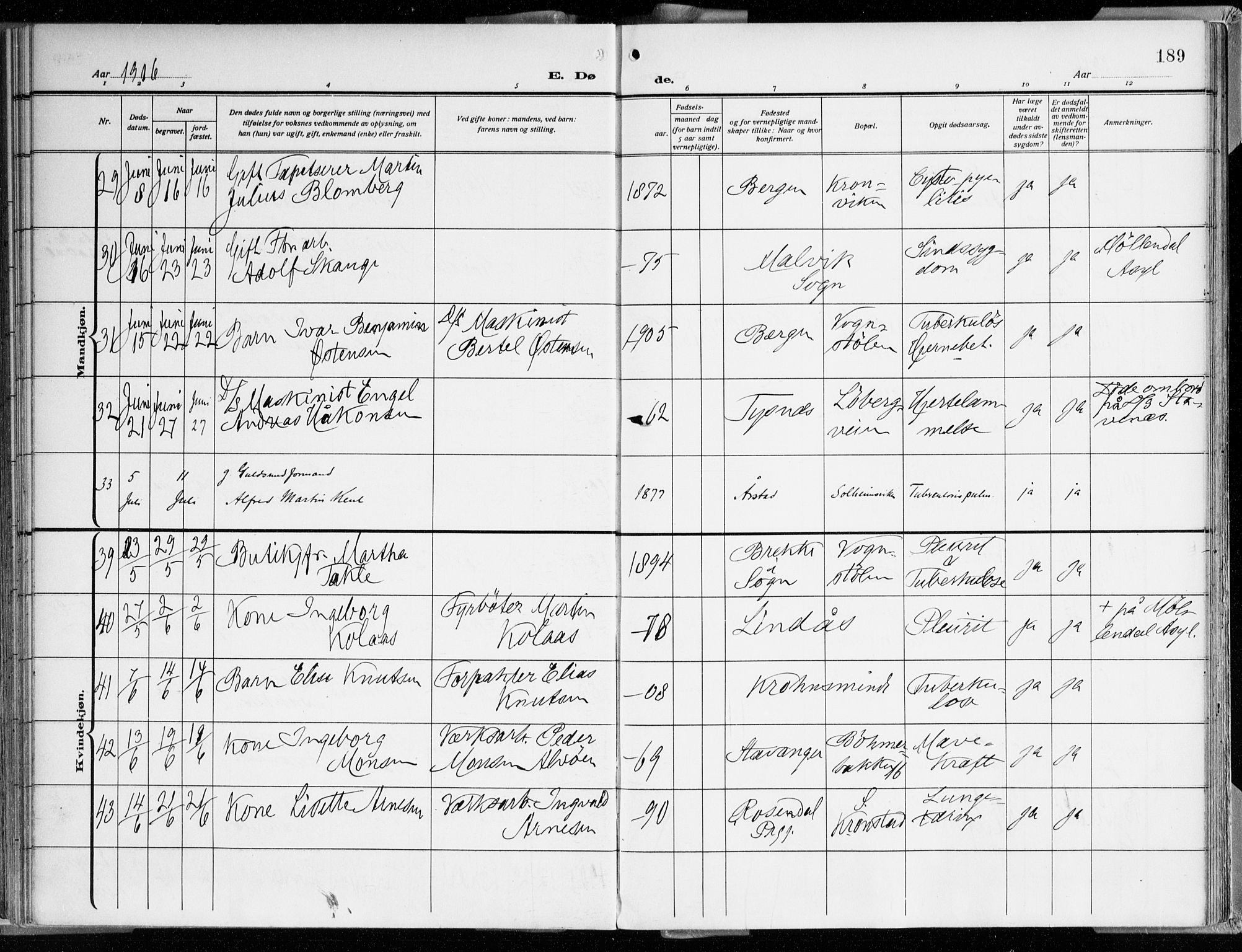 Årstad Sokneprestembete, AV/SAB-A-79301/H/Haa/L0003: Parish register (official) no. A 3, 1914-1919, p. 189