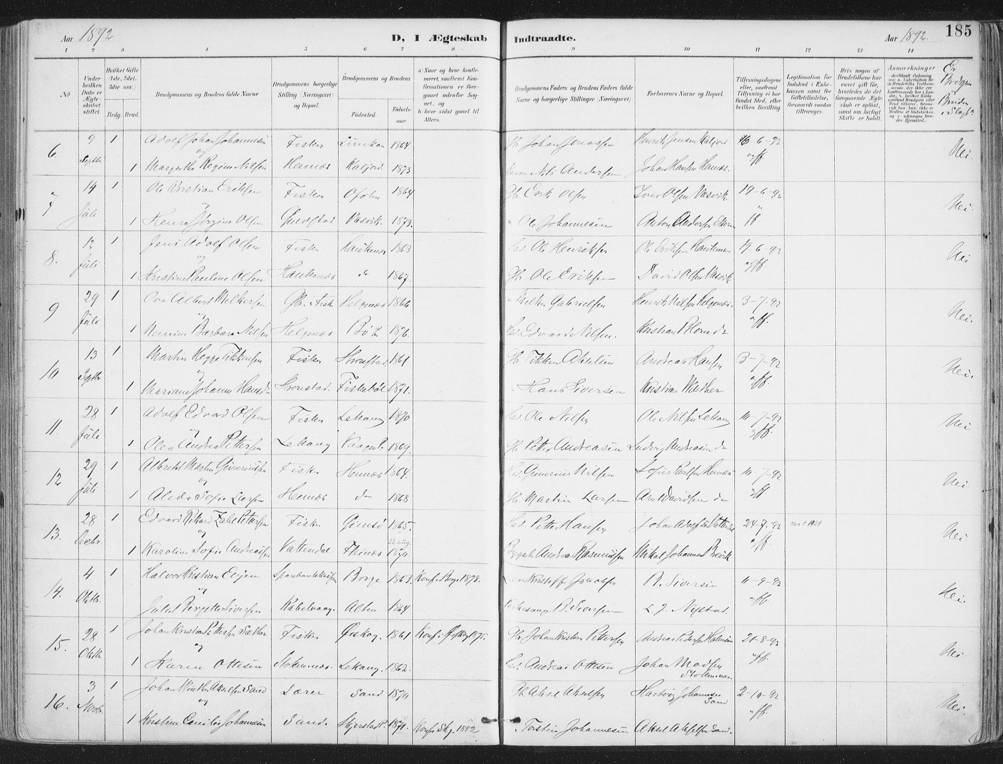 Ministerialprotokoller, klokkerbøker og fødselsregistre - Nordland, SAT/A-1459/888/L1246: Parish register (official) no. 888A12, 1891-1903, p. 185