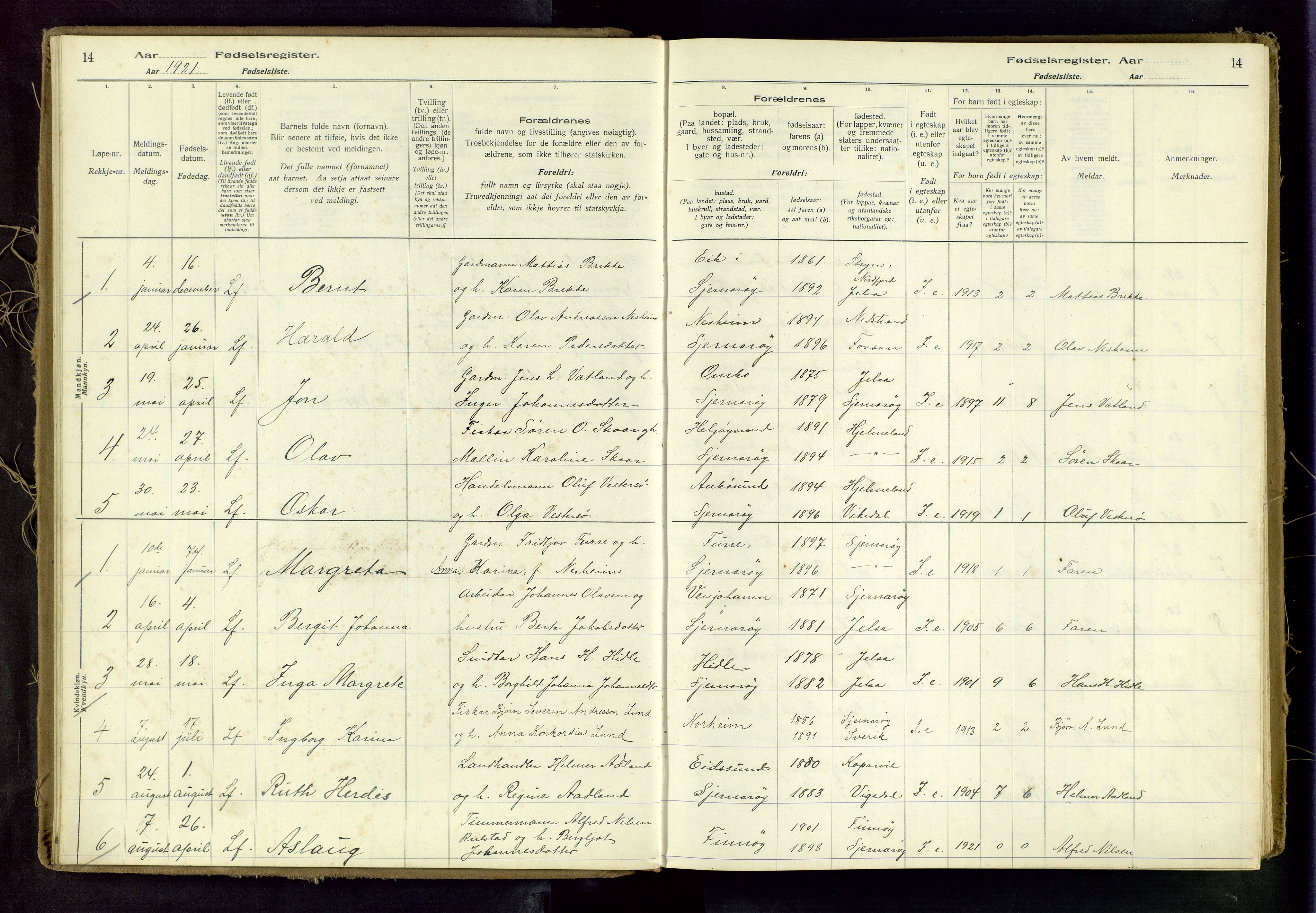 Nedstrand sokneprestkontor, SAST/A-101841/03/A/L0001: Birth register no. 1, 1916-1982, p. 14