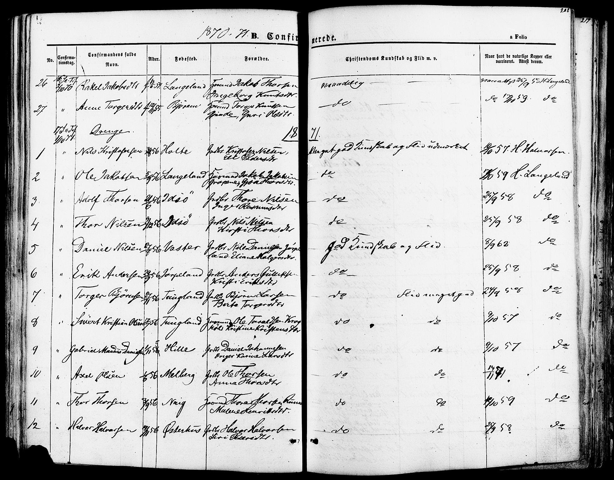 Strand sokneprestkontor, SAST/A-101828/H/Ha/Haa/L0007: Parish register (official) no. A 7, 1855-1881, p. 208