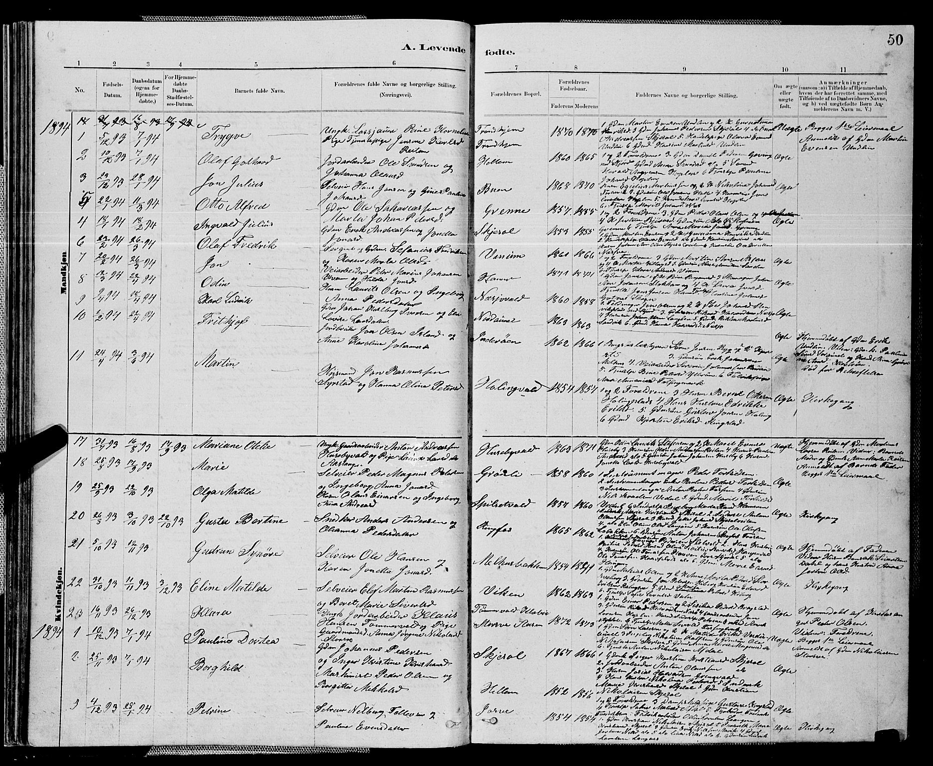 Ministerialprotokoller, klokkerbøker og fødselsregistre - Nord-Trøndelag, AV/SAT-A-1458/714/L0134: Parish register (copy) no. 714C03, 1878-1898, p. 50