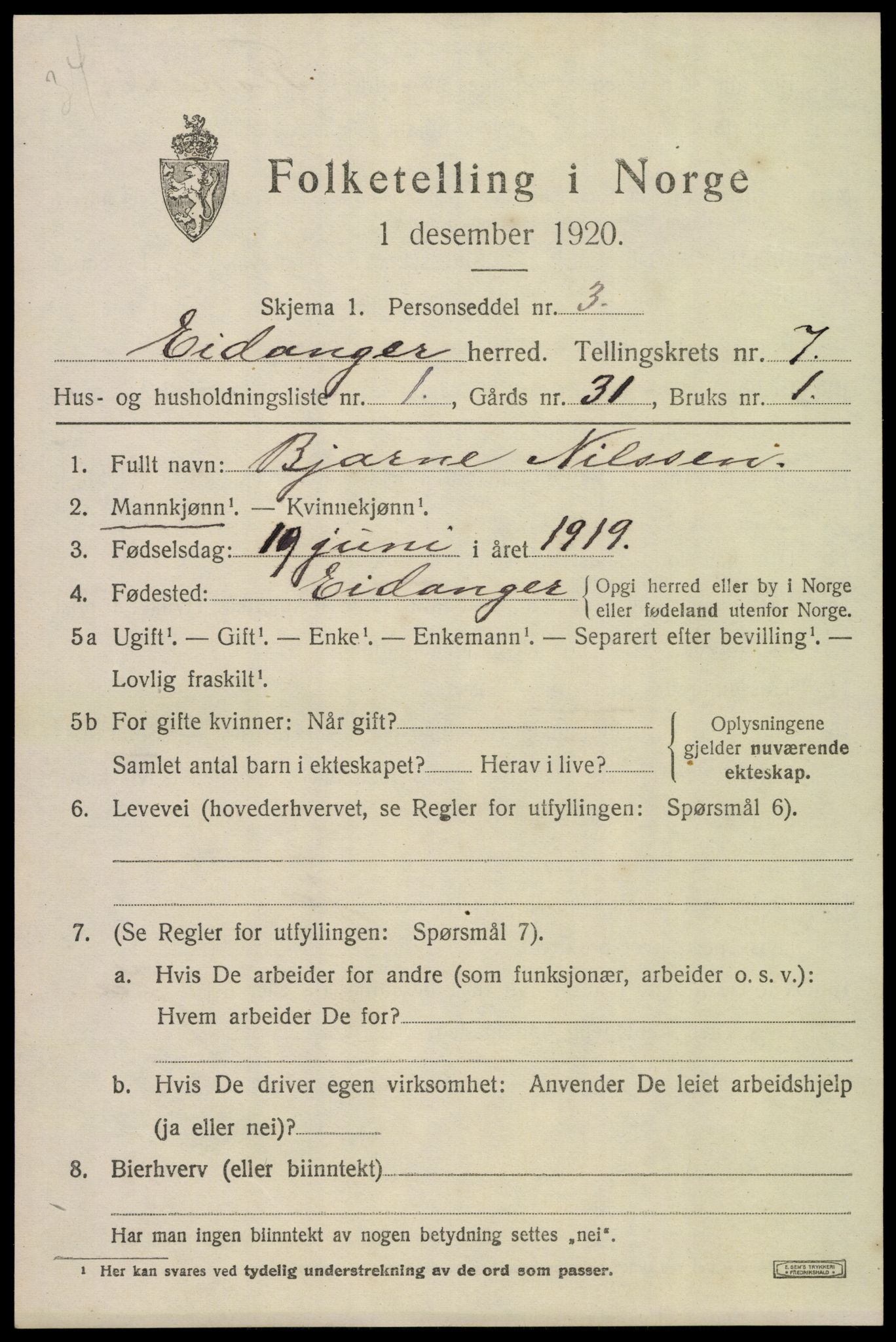 SAKO, 1920 census for Eidanger, 1920, p. 5270