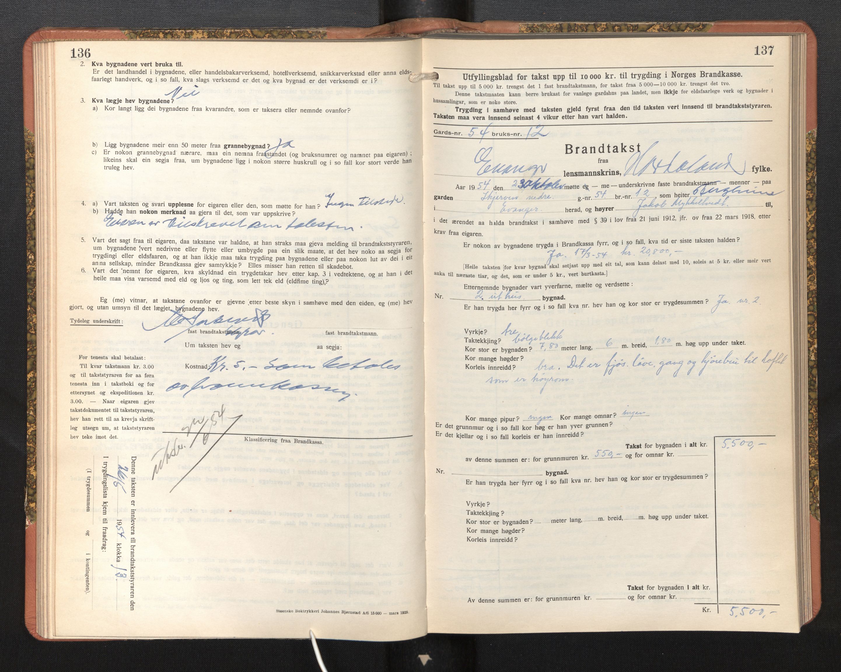 Lensmannen i Evanger, SAB/A-31701/0012/L0006: Branntakstprotokoll, skjematakst, 1936-1955, p. 136-137