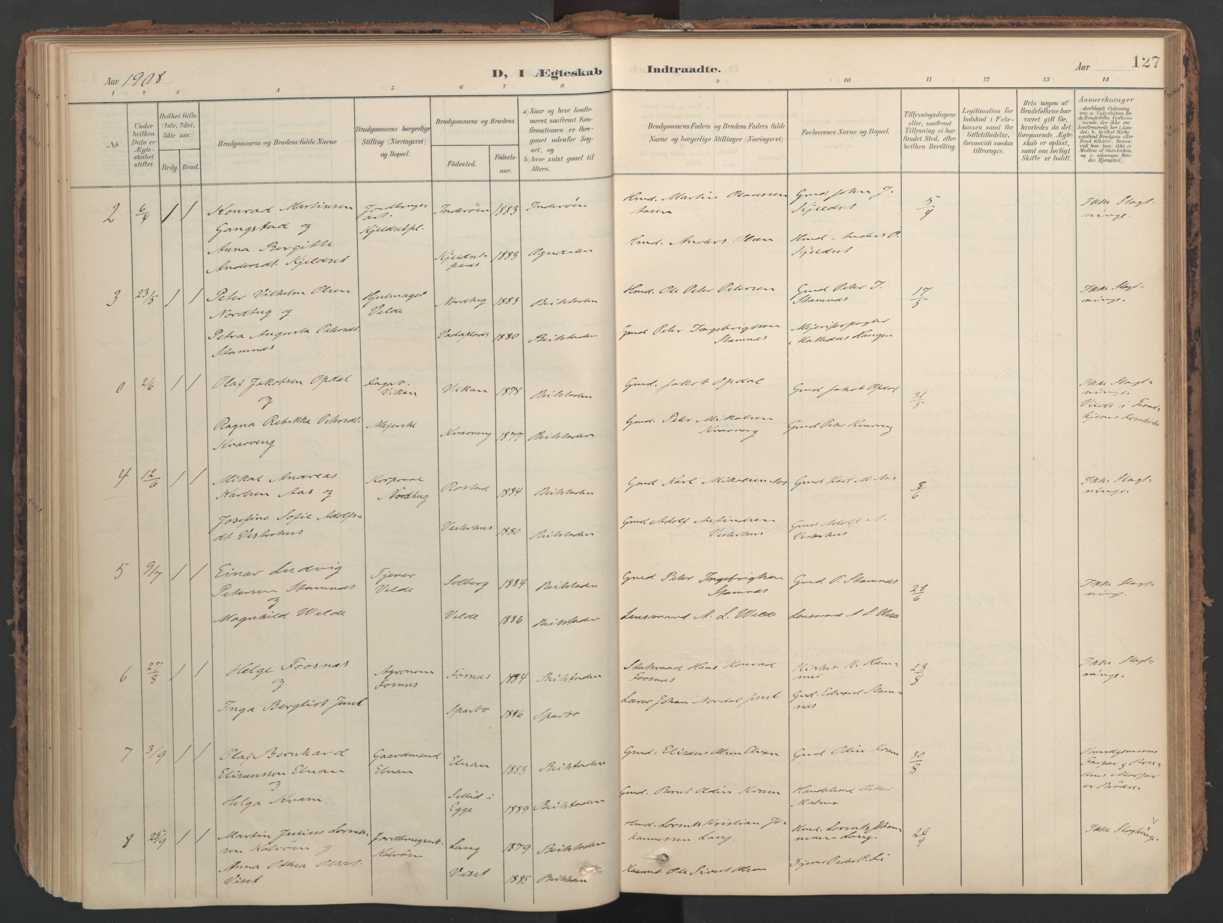 Ministerialprotokoller, klokkerbøker og fødselsregistre - Nord-Trøndelag, AV/SAT-A-1458/741/L0397: Parish register (official) no. 741A11, 1901-1911, p. 127