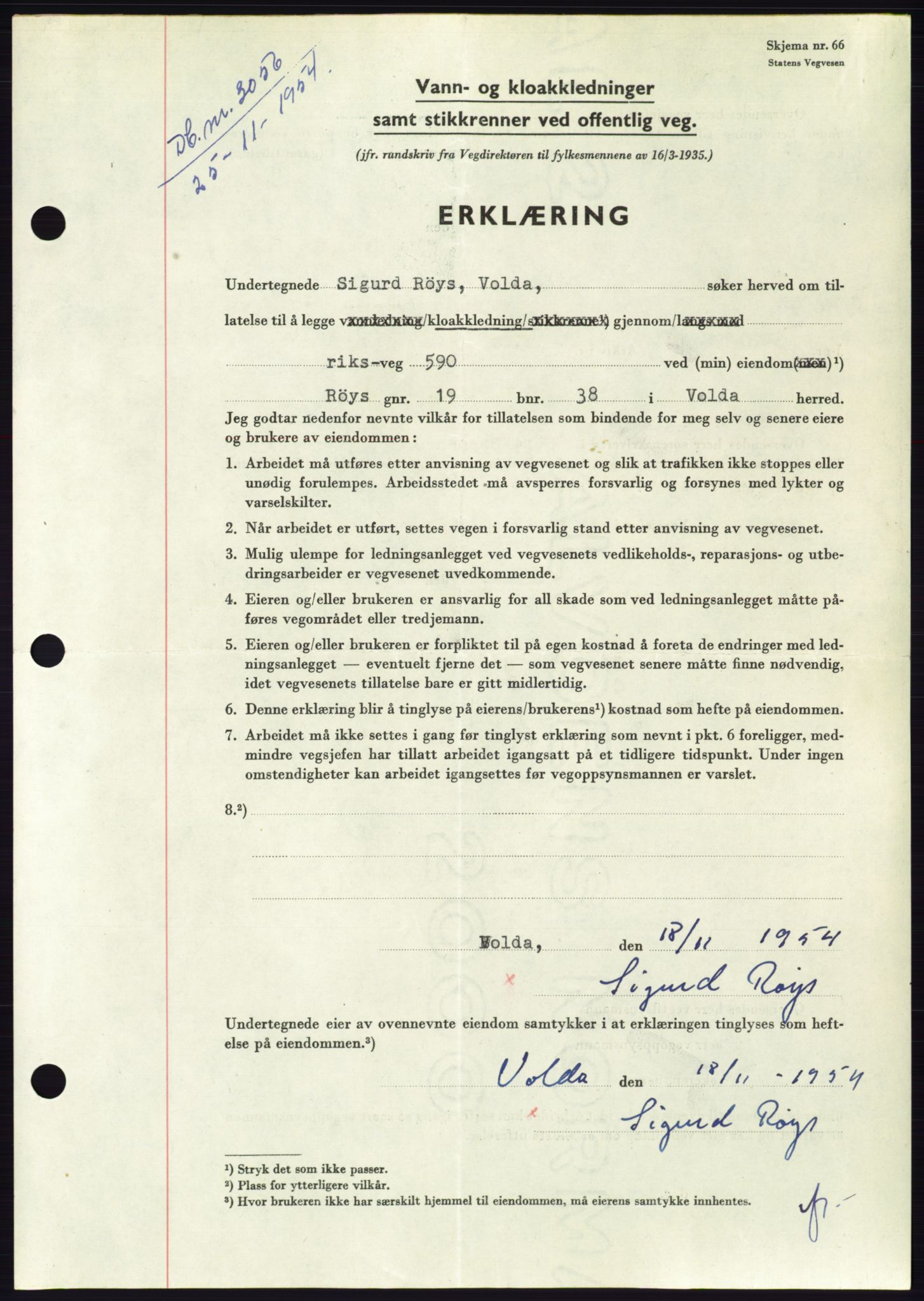 Søre Sunnmøre sorenskriveri, AV/SAT-A-4122/1/2/2C/L0099: Mortgage book no. 25A, 1954-1954, Diary no: : 3056/1954