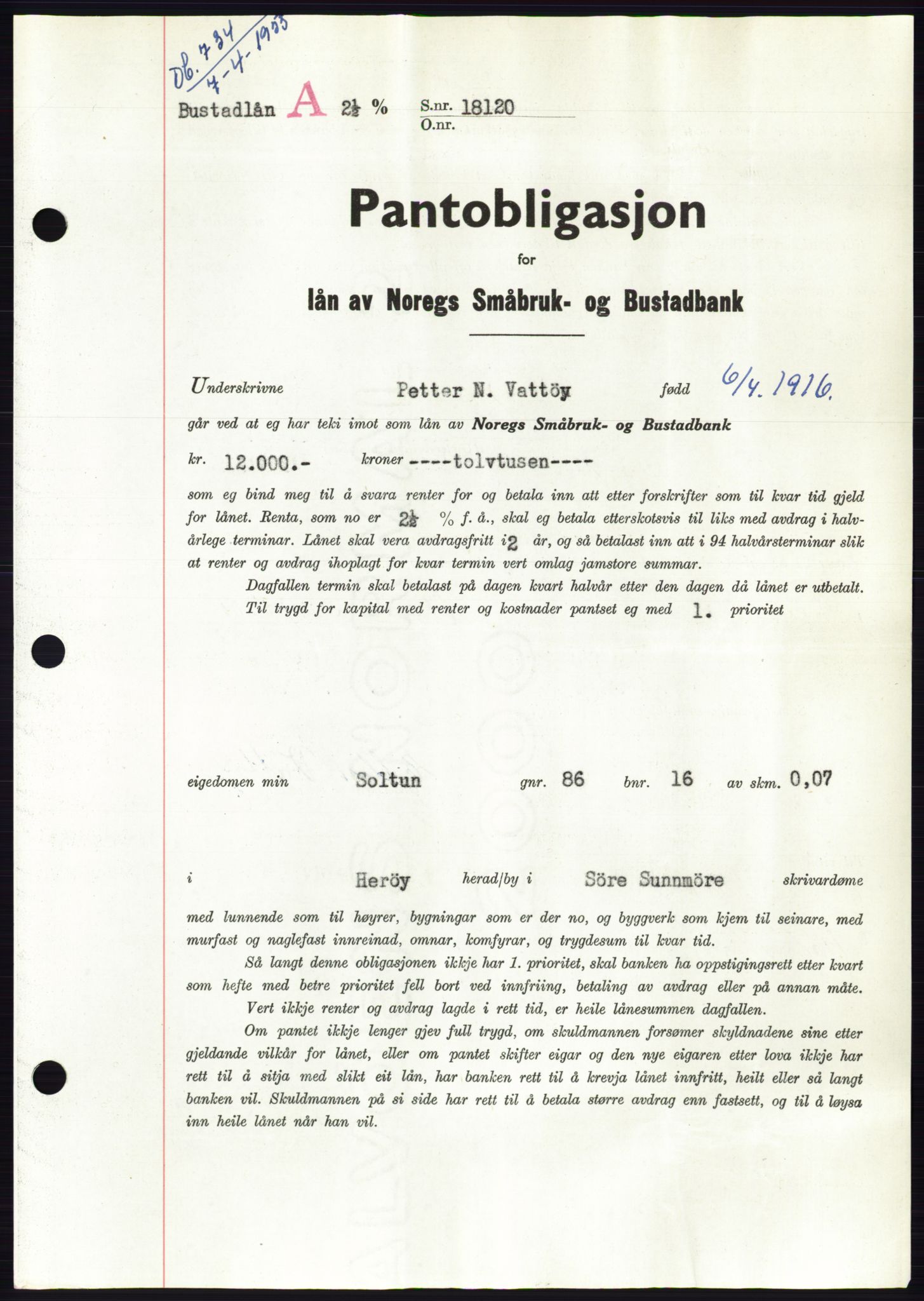 Søre Sunnmøre sorenskriveri, AV/SAT-A-4122/1/2/2C/L0123: Mortgage book no. 11B, 1953-1953, Diary no: : 734/1953