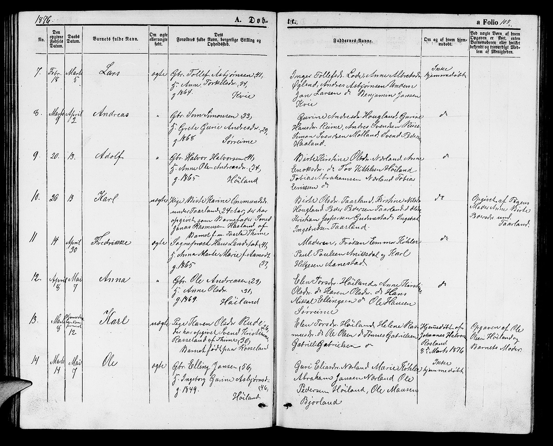 Hå sokneprestkontor, SAST/A-101801/001/30BB/L0001: Parish register (copy) no. B 1, 1854-1883, p. 105