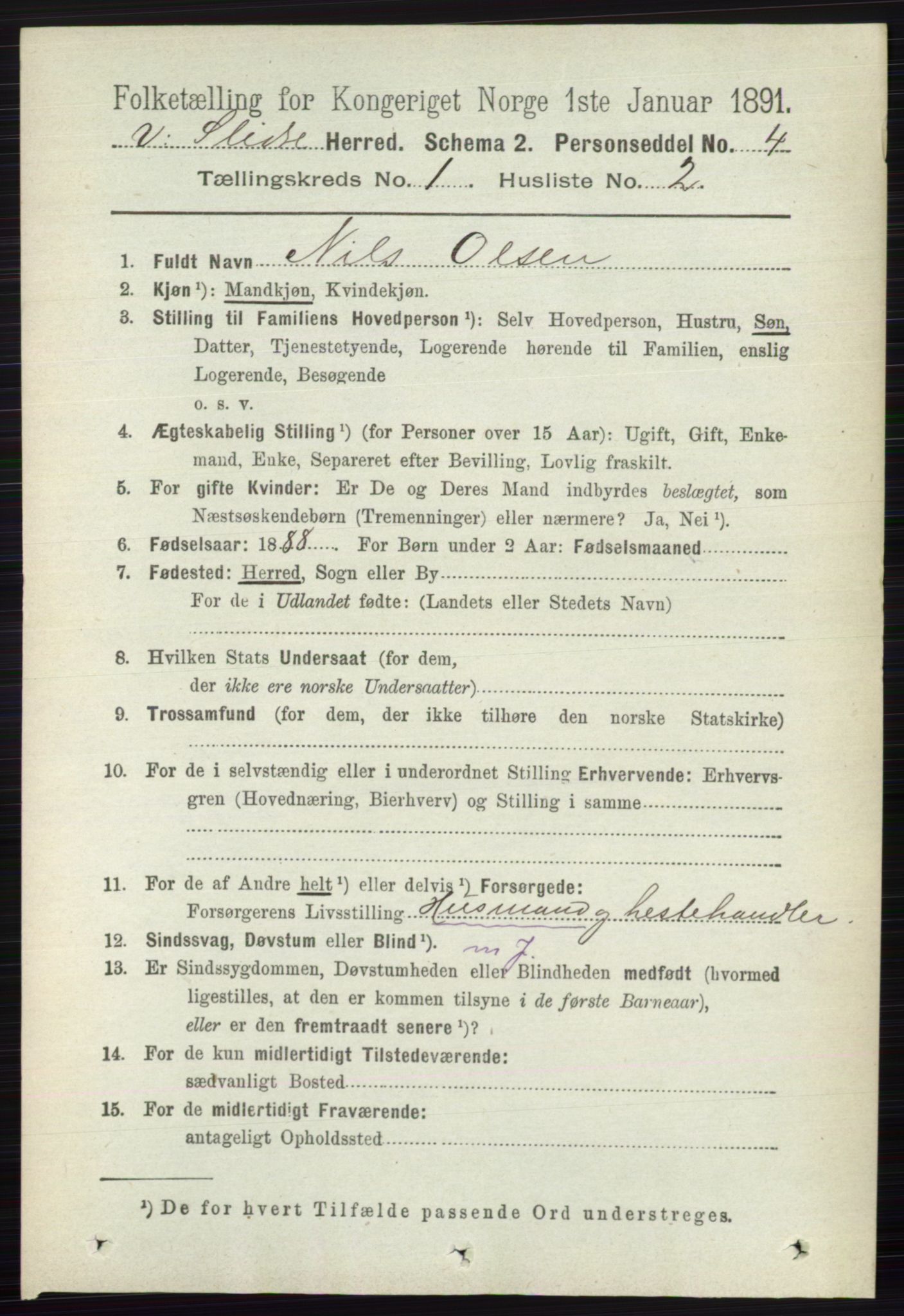 RA, 1891 census for 0543 Vestre Slidre, 1891, p. 105