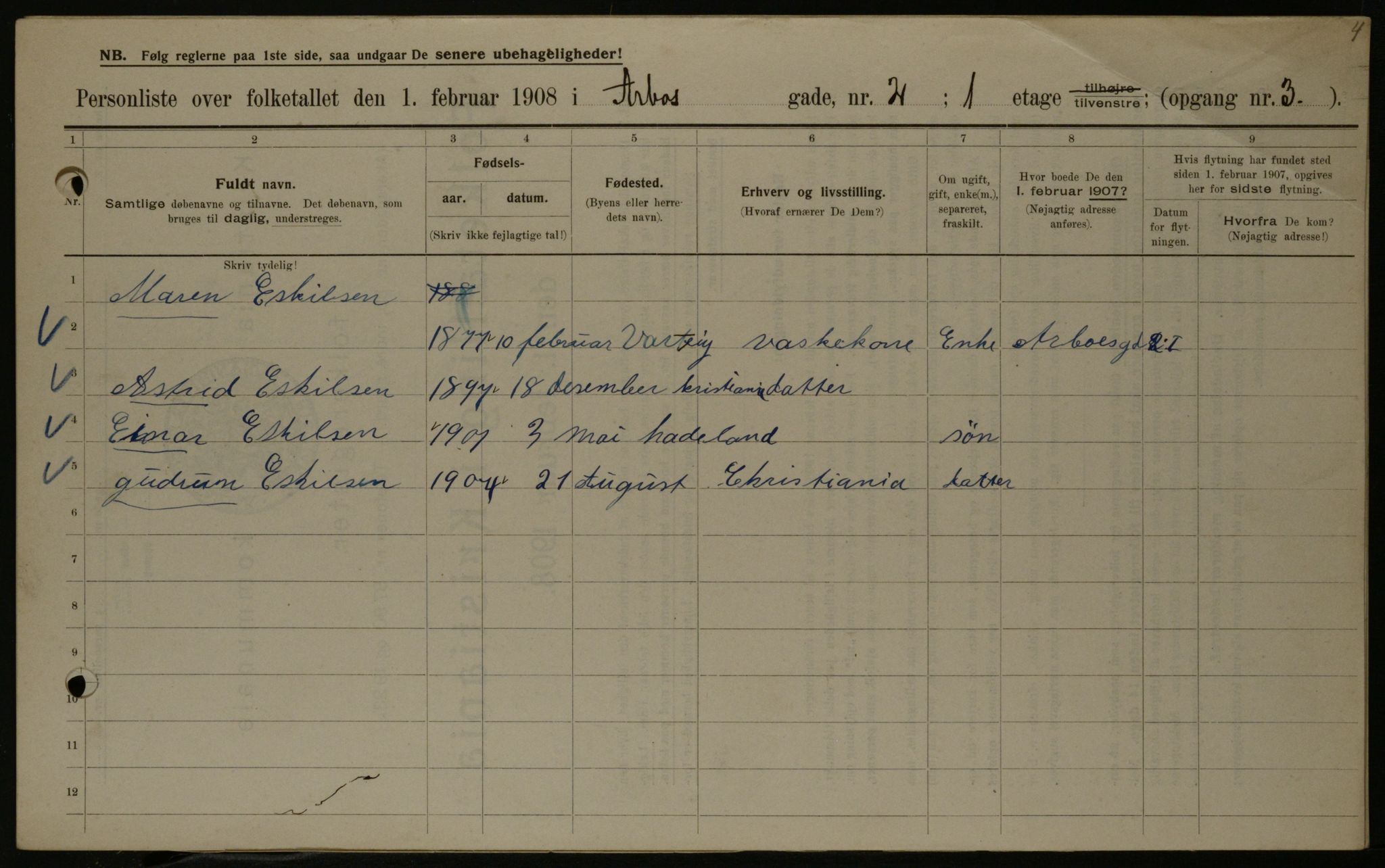 OBA, Municipal Census 1908 for Kristiania, 1908, p. 2038
