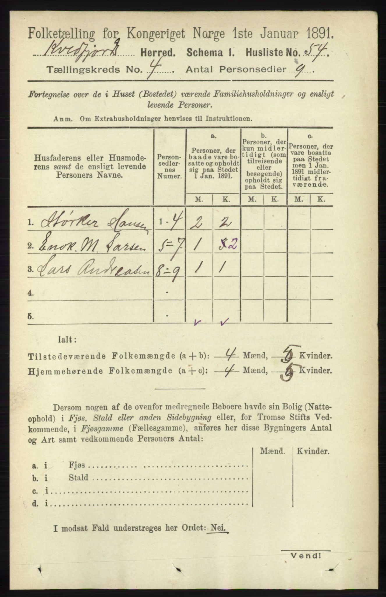 RA, 1891 census for 1911 Kvæfjord, 1891, p. 1803