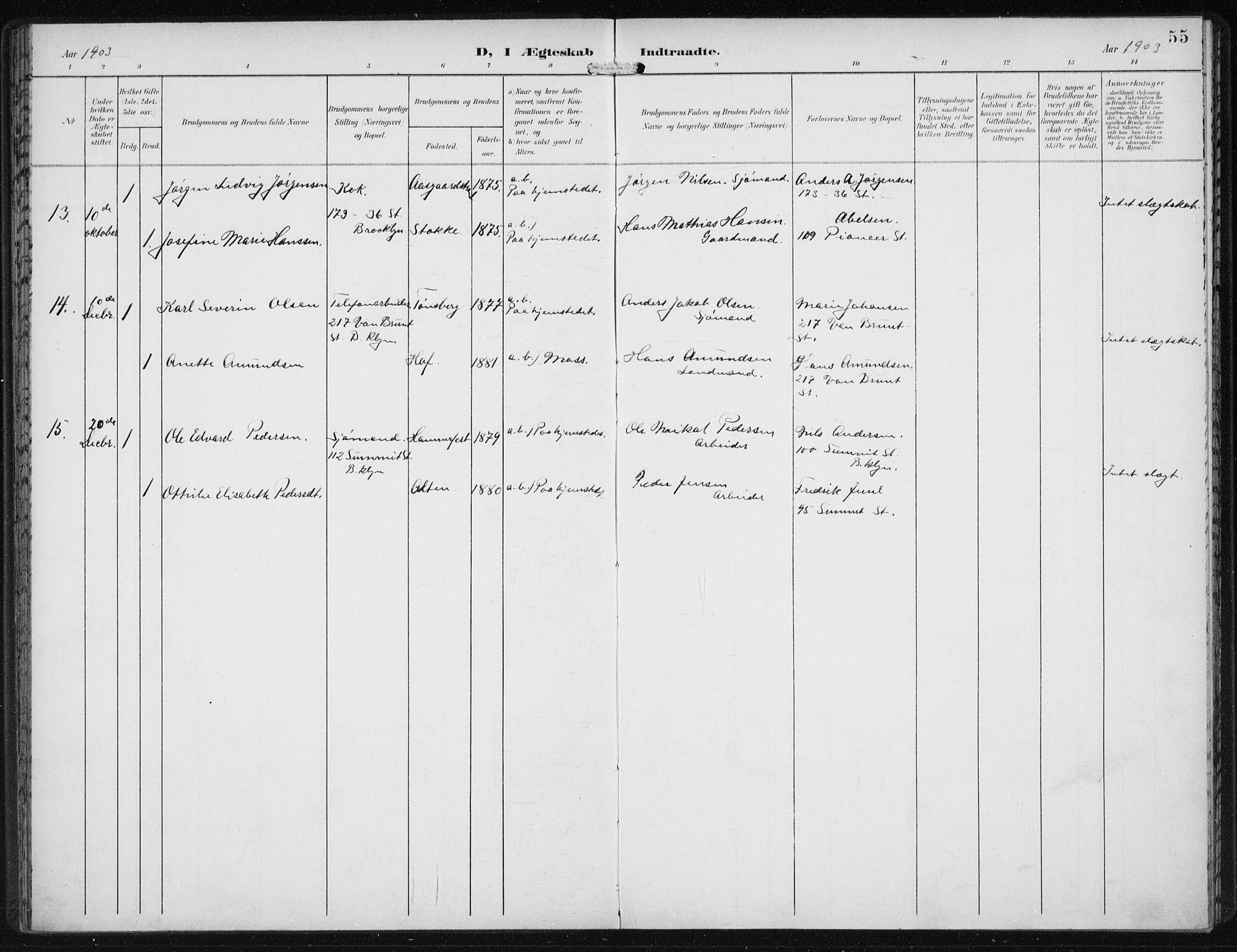 Den norske sjømannsmisjon i utlandet/New York, SAB/SAB/PA-0110/H/Ha/L0005: Parish register (official) no. A 5, 1902-1908, p. 55