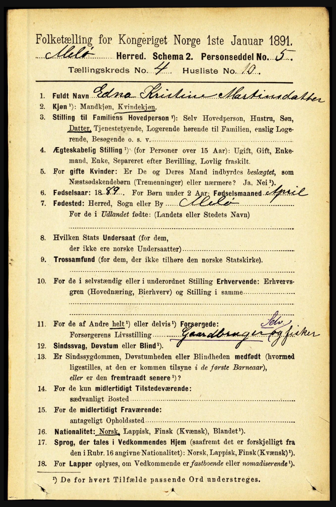 RA, 1891 census for 1837 Meløy, 1891, p. 1526